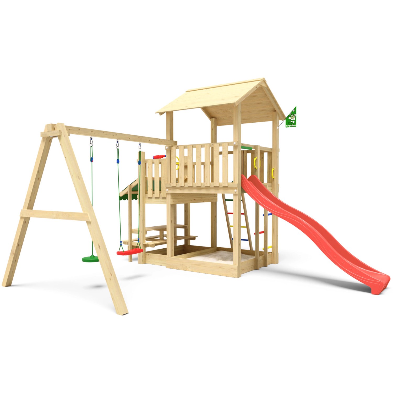 Jungle Gym Spielturm Skyline Holz Picnic Modul Doppelschaukel Rutsche Rot
