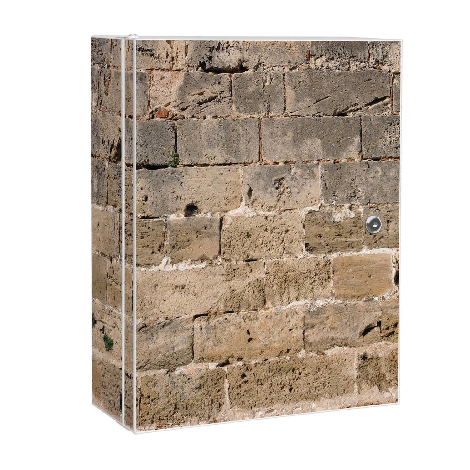 Banjado XXL Medizinschrank Abschliessbar 35x46x15cm Arzneischrank Weiß Aus Metall Mit Motiv Steinwand Antik