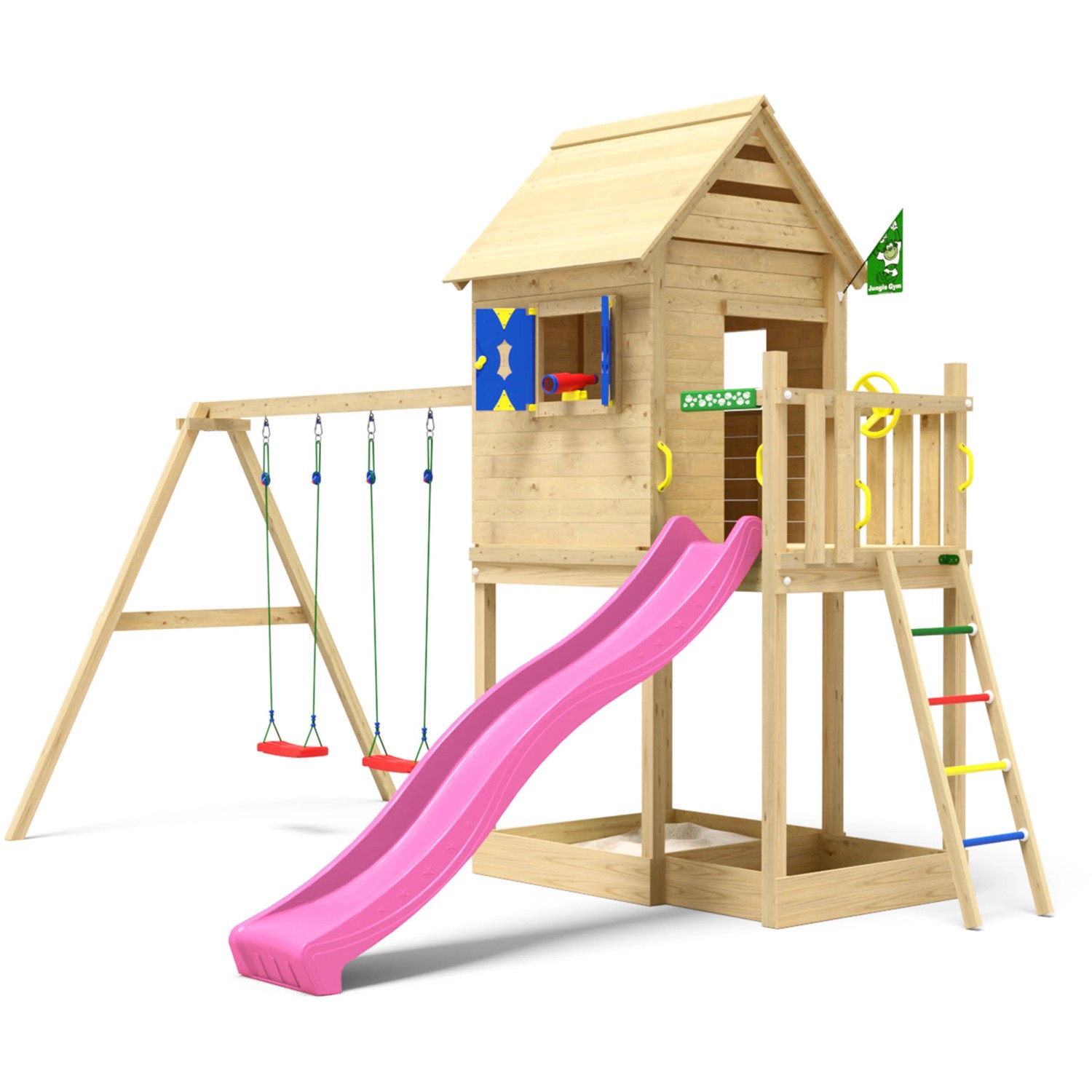 Jungle Gym Spielturm Holz Hideout mit Dach 2 Schaukeln Fensterl. Rutsche Fuchsia