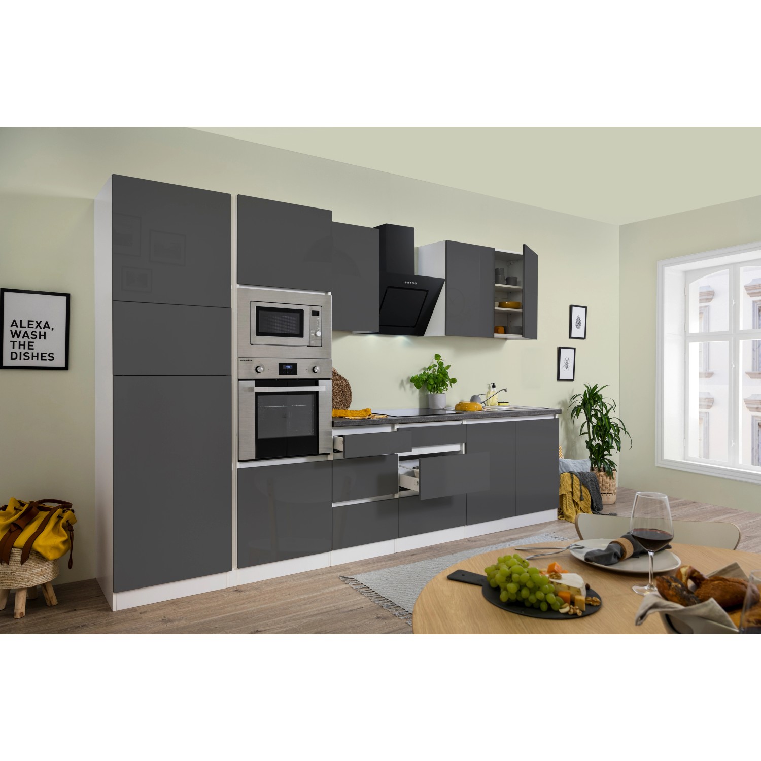 Respekta Premium Küchenzeile Grifflos 335 cm Grau Hochglanz-Weiß