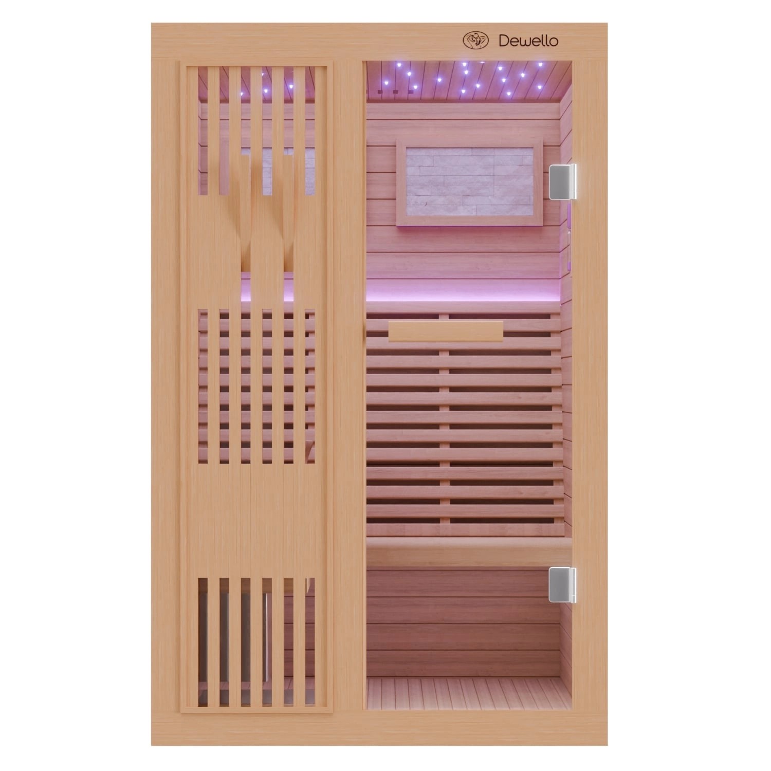 Dewello Finnische Sauna Minto 120x120 Hemlock 3,5 kW Harvia Ofen Sauna Set