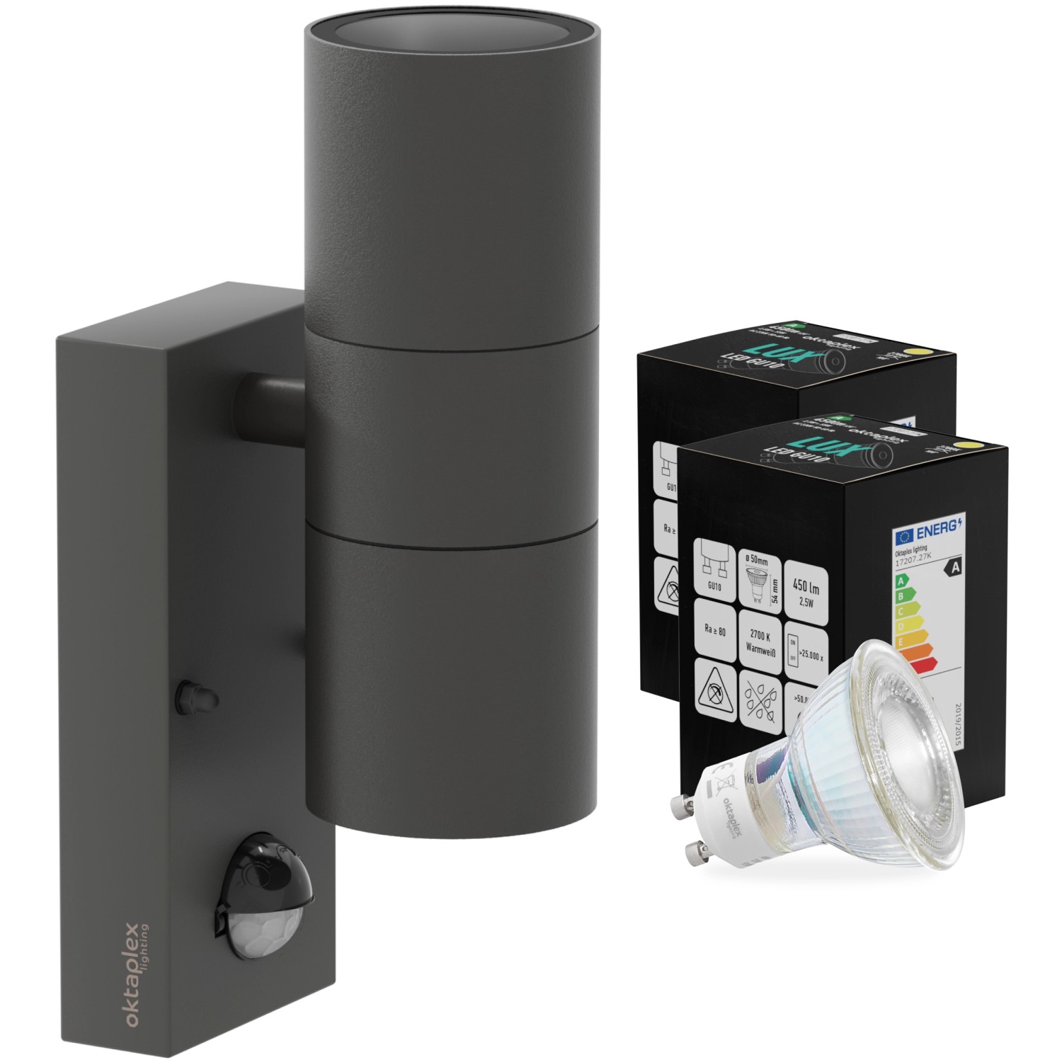 Oktaplex Chile Außenlampe mit Bewegungsmelder Edelstahl 2x GU10 Leuchtmittel Warmweiß Anthrazit