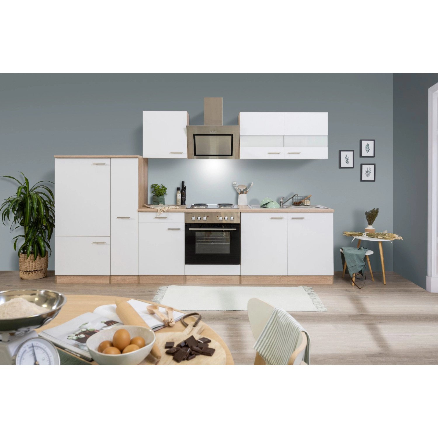 Respekta Economy Küchenzeile KB300ESWS 300 cm Weiß-Eiche Sägerau