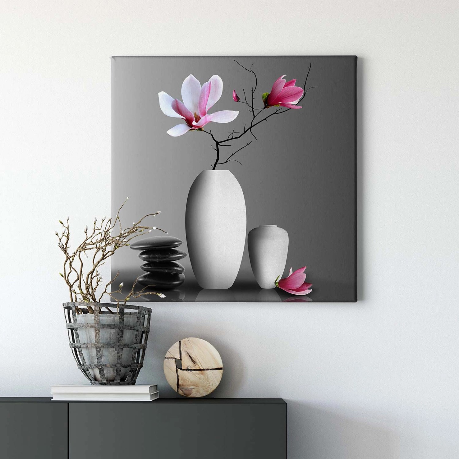 Bricoflor Badezimmer Und Flur Bild Mit Magnolie Leinwand Bild Mit Blume In Vase In Grau Und Pink Wellness Wandbild Mit Steinen Und Blüten