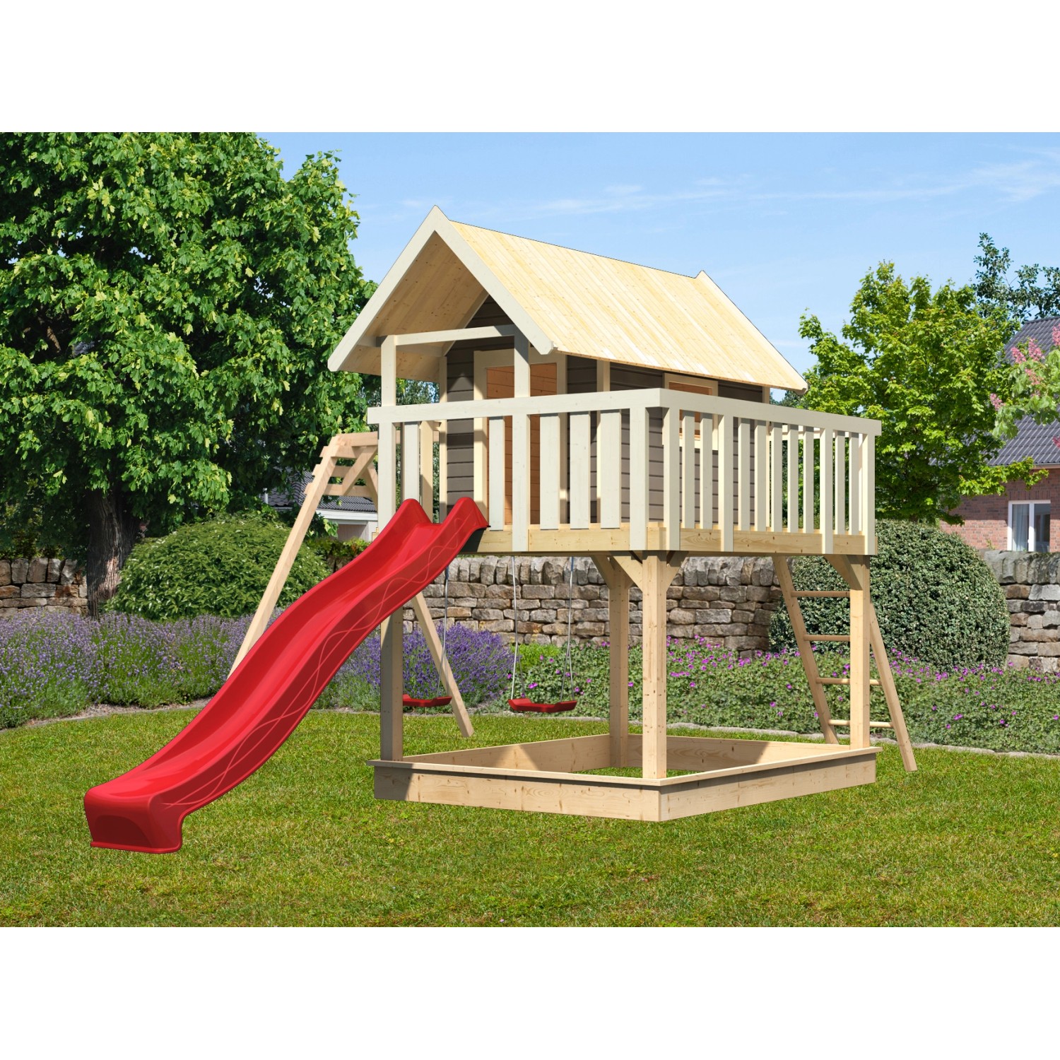 Karibu Stelzenhaus Fidel Terragrau mit Doppelschaukel Wellenrutsche Rot