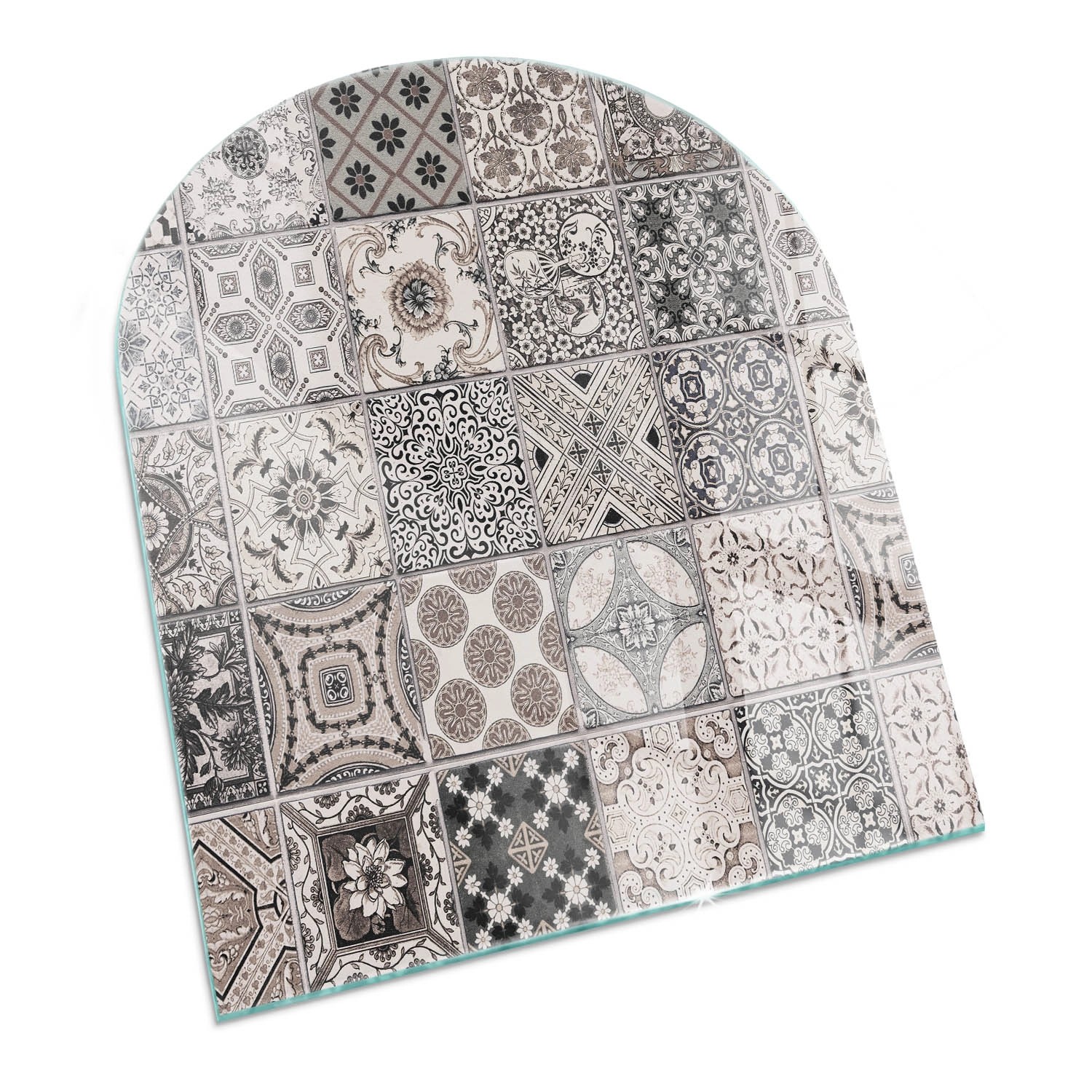 Tulup Glasplatte für Kamin Dekorative Fliesenmuster Glasplatte für Öfen Halbkreis 80x70 cm Schwarz Glasplatte für Kamin Kamin Glasplatte