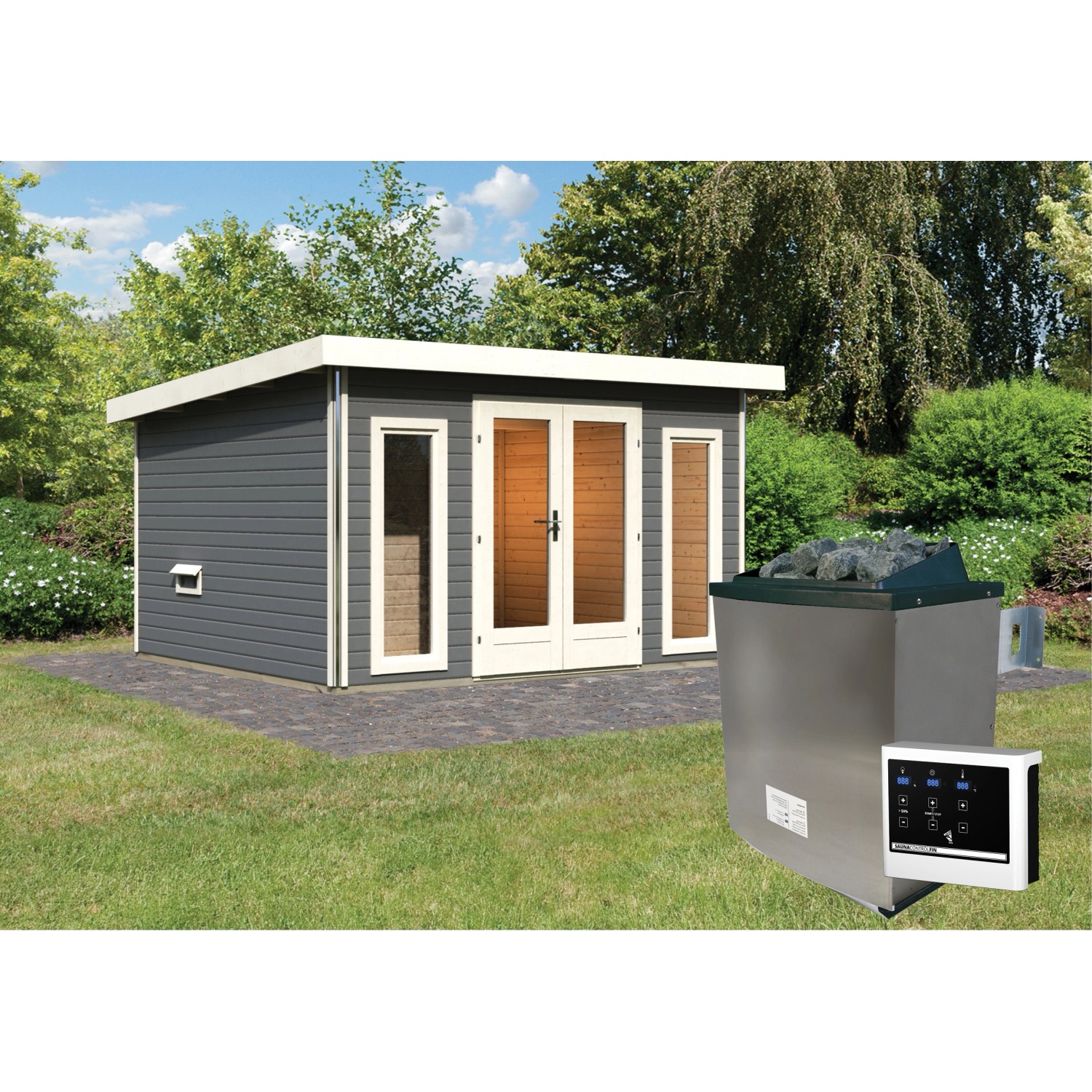 Saunahaus Magnus 2-Set A Terragrau inkl. Ofen 9 kW ext. Strg.
