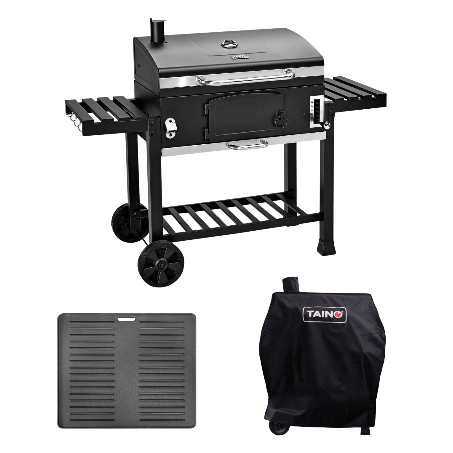 Taino Hero XXL Smoker Set Mit Haube Grillplatte BBQ Grillwagen Holzkohlegrill Grill Räucherofen