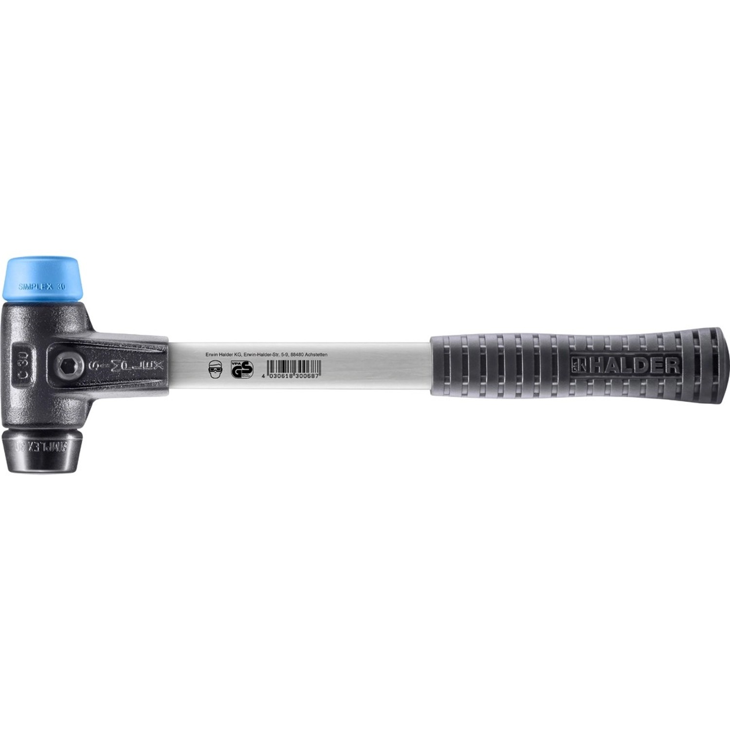 Halder Simplex Schonhammer Ø 30 mm TPE-soft Blau Gummi Schwarz mit Verstärktem Tempergussgehäuse und FiberglasStiel