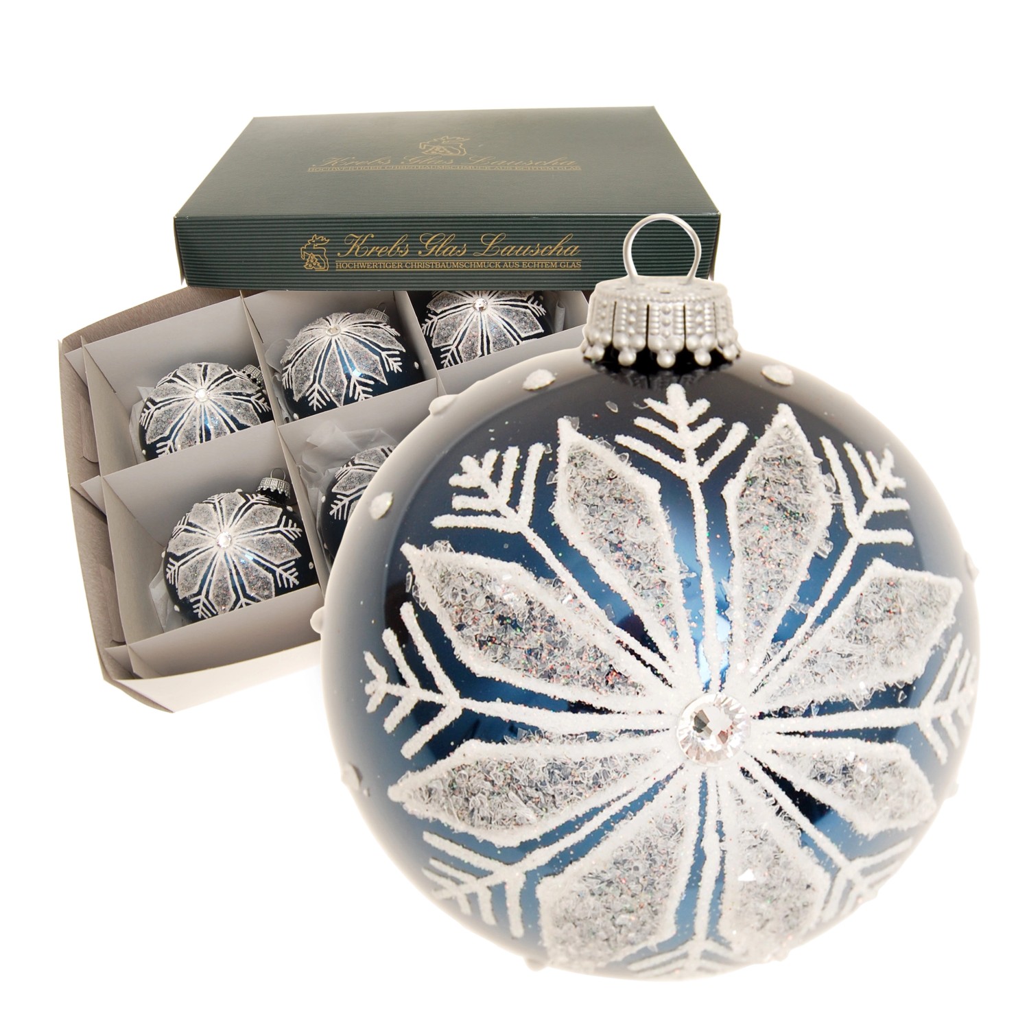 Krebs Glas Lauscha Weihnachtskugeln Blau Schneeflocke 6er-Set 8cm