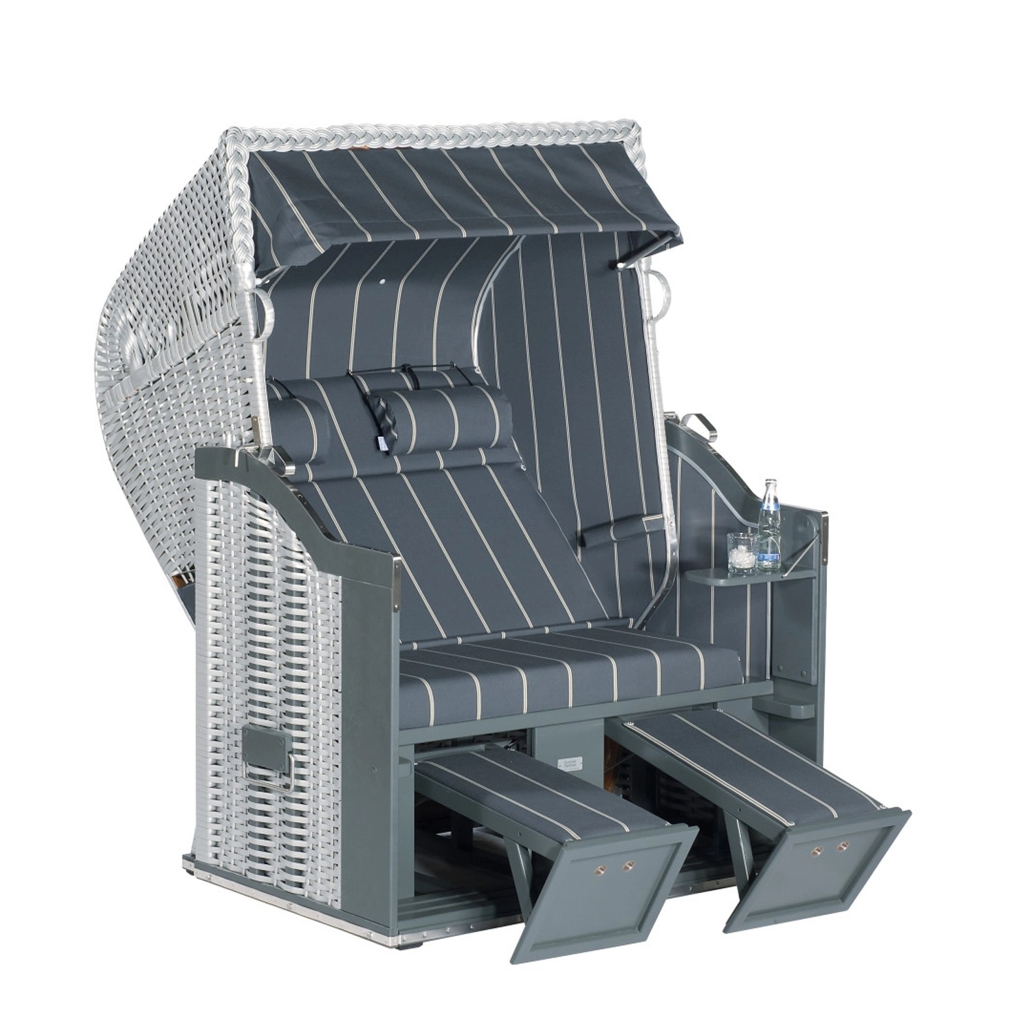 Natur24 Strandkorb Classic Halbliegemodell 2-Sitzer Silber Gestreift