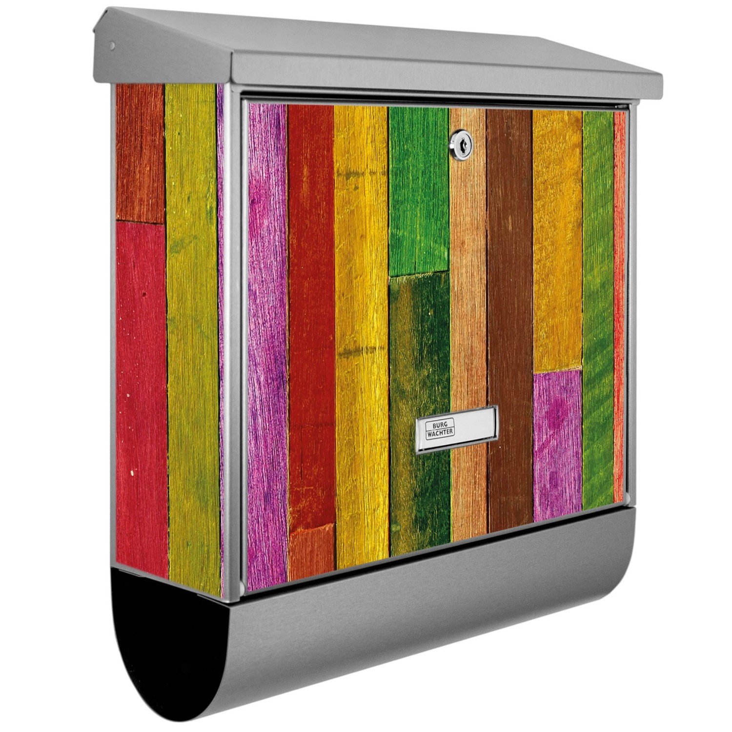 Banjado Briefkasten Edelstahl 38x39x12cm Mit Zeitungsfach Inkl. Montagematerial Motiv Holz Collage Bunt