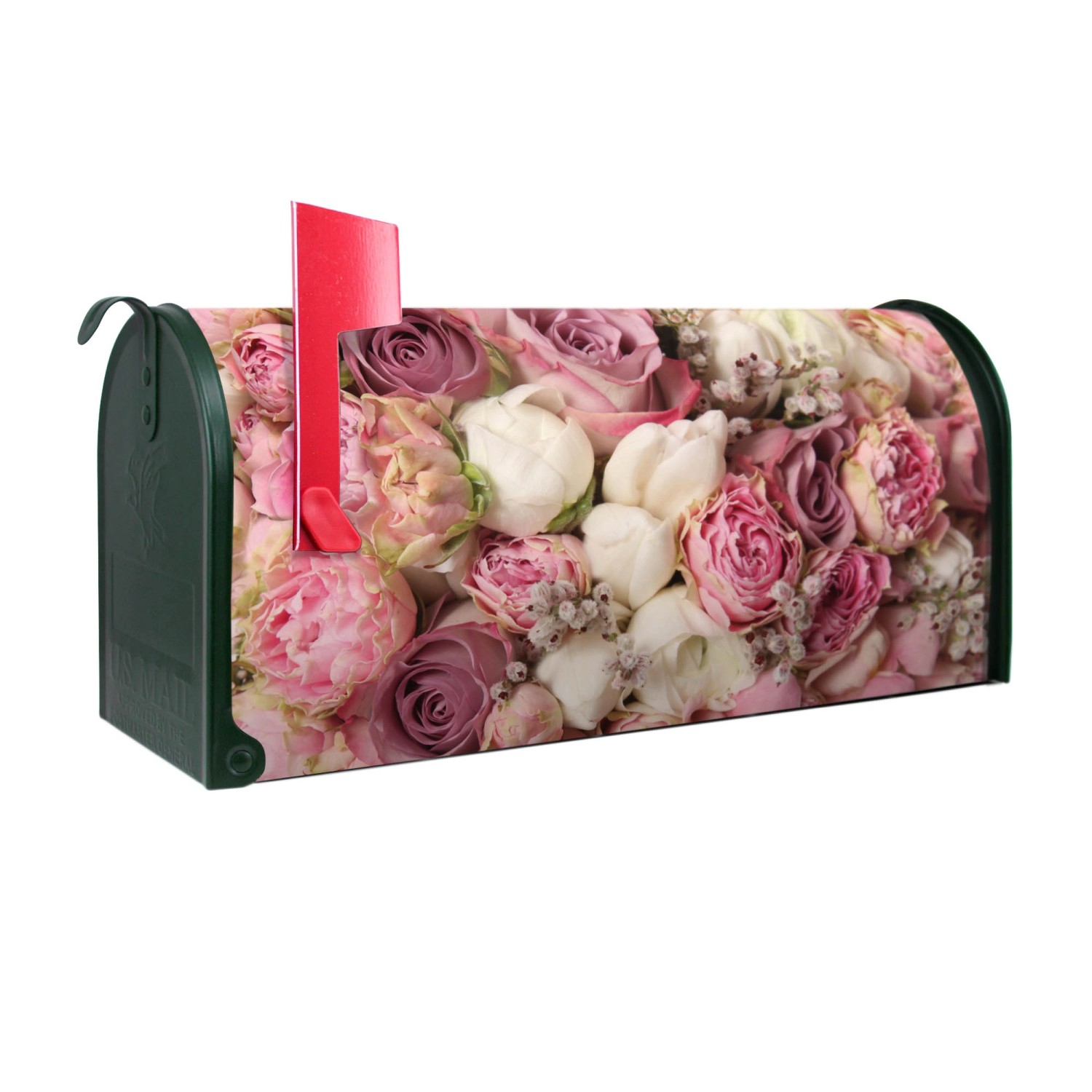 Banjado Amerikanischer Briefkasten Grün 48x22x16cm US Mailbox Letterbox Postkasten Stahl Pulverbeschichtet Motiv Strauss Rosen