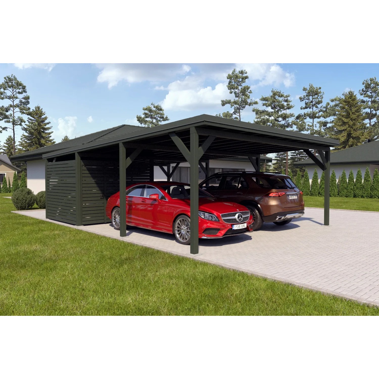 Holzbrüder Carport Ralf 52m² mit kl. Geräteraum Grün-Dornengrün