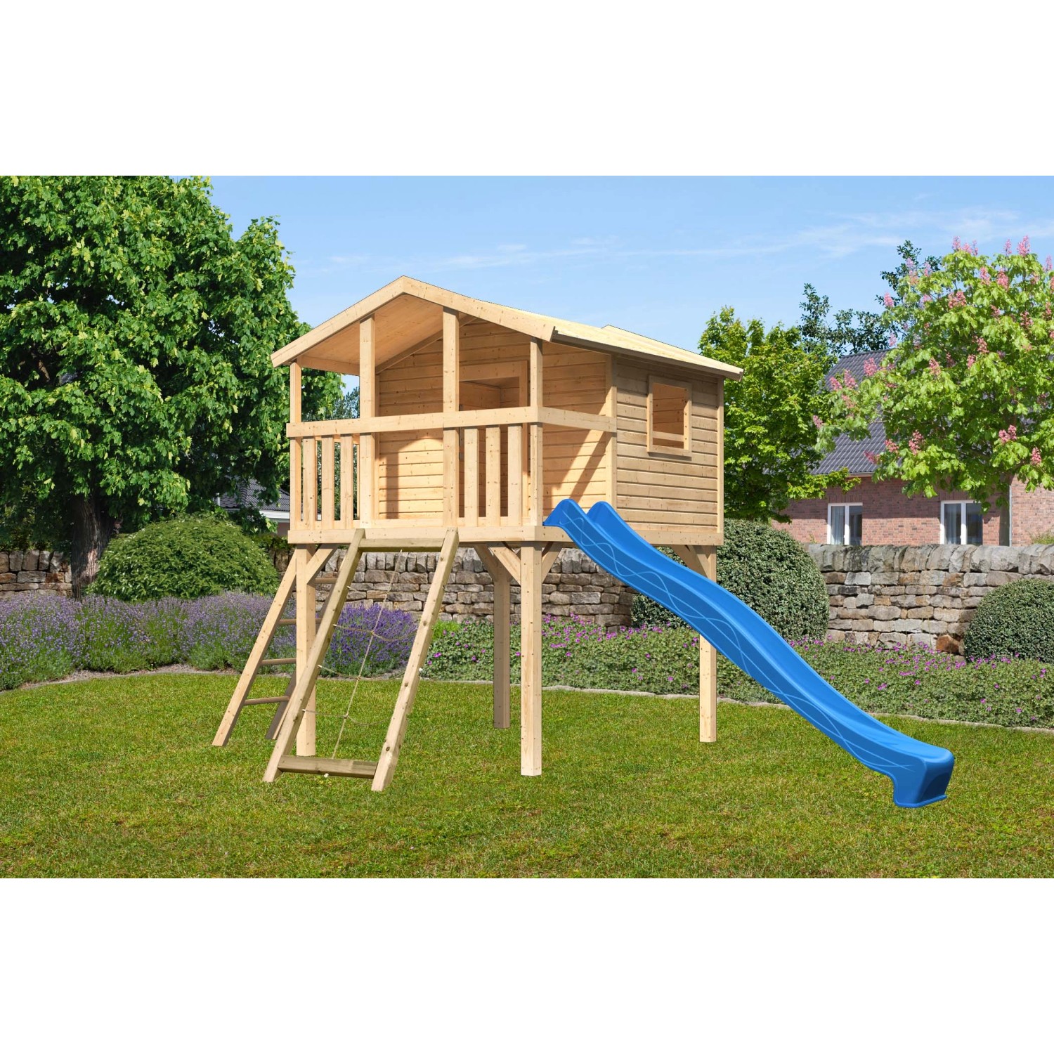 Karibu Stelzenhaus Benjamin Naturbelassen mit Leiter, Netzrampe & Rutsche Blau