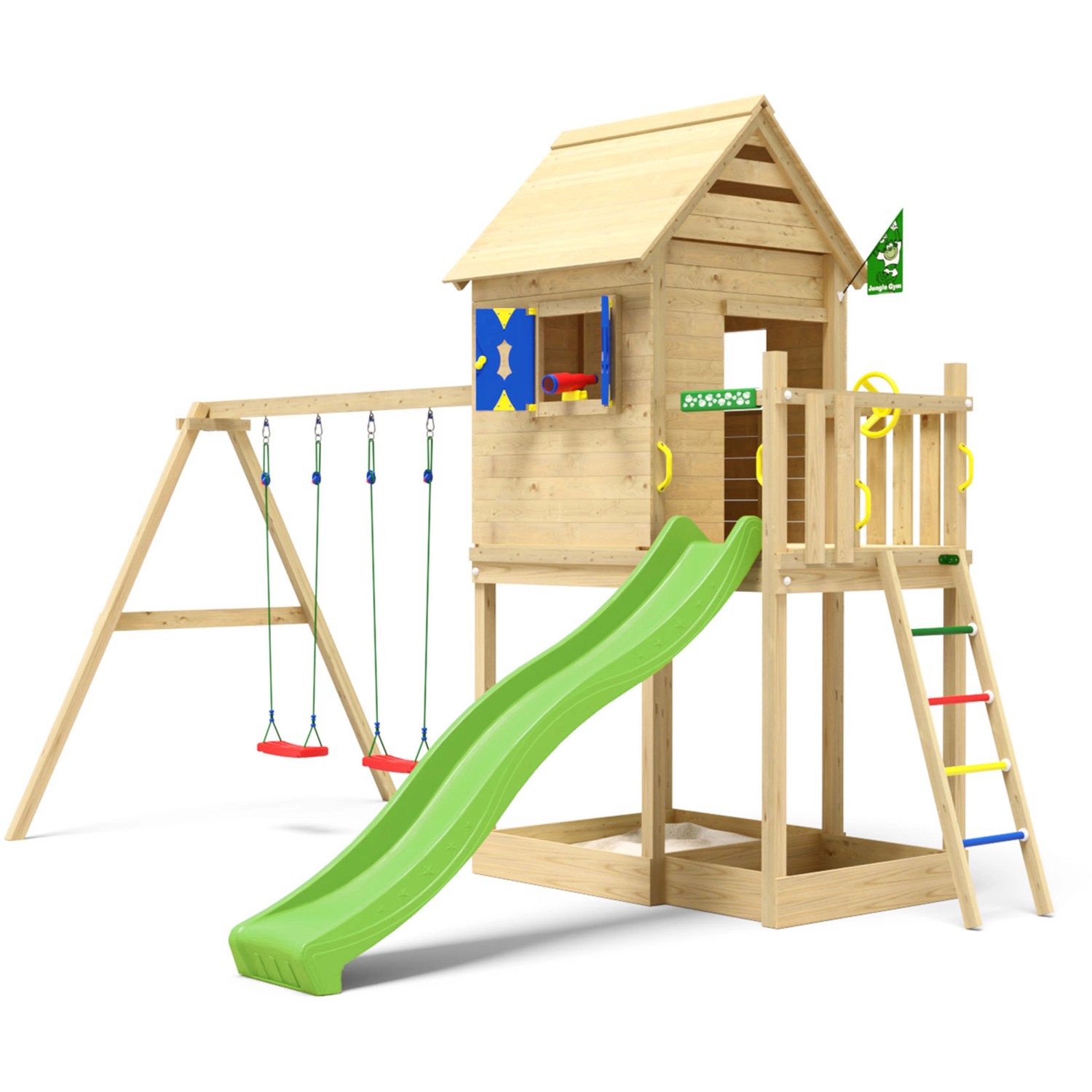Jungle Gym Spielturm Holz Hideout mit Dach 2 Schaukeln Fensterl. Rutsche Hellgr.