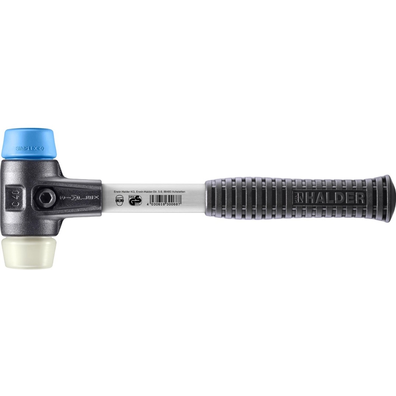 Halder Simplex Schonhammer Ø 40 mm TPE-soft Blau Nylon mit Verstärktem Tempergussgehäuse und FiberglasStiel