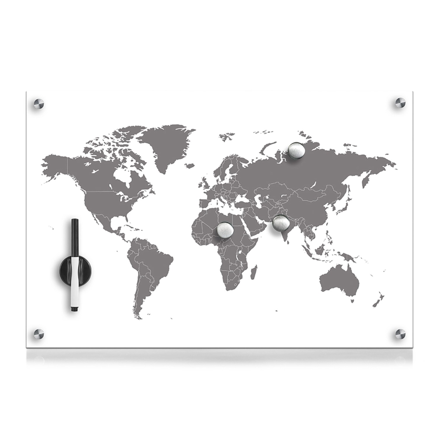 Zeller Memoboard Worldmap Glas 60 cm x 40 cm x 1,9 cm Weiß