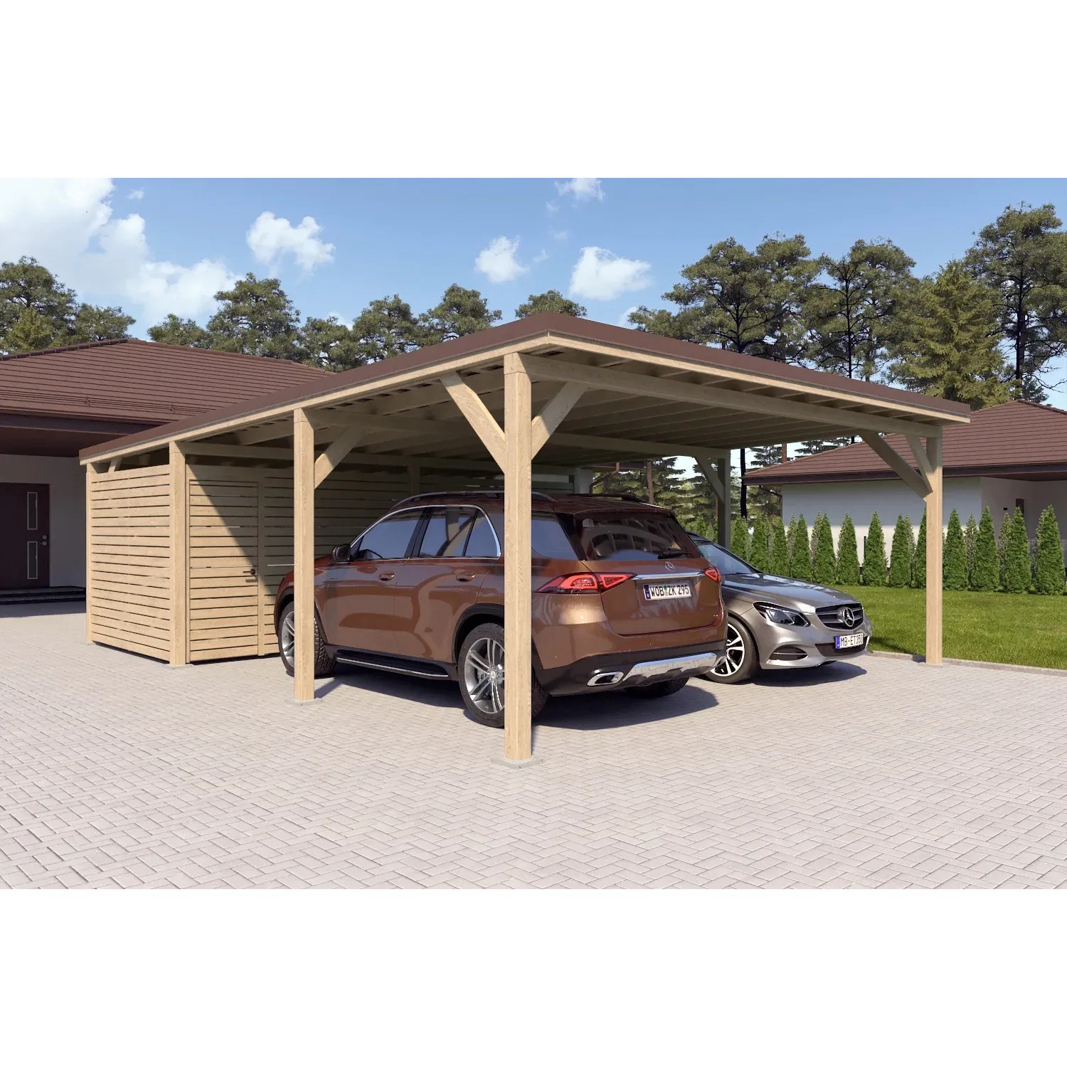 Holzbrüder Carport Ralf 52m² mit Geräteraum Imprägniert-Dunkelbraun