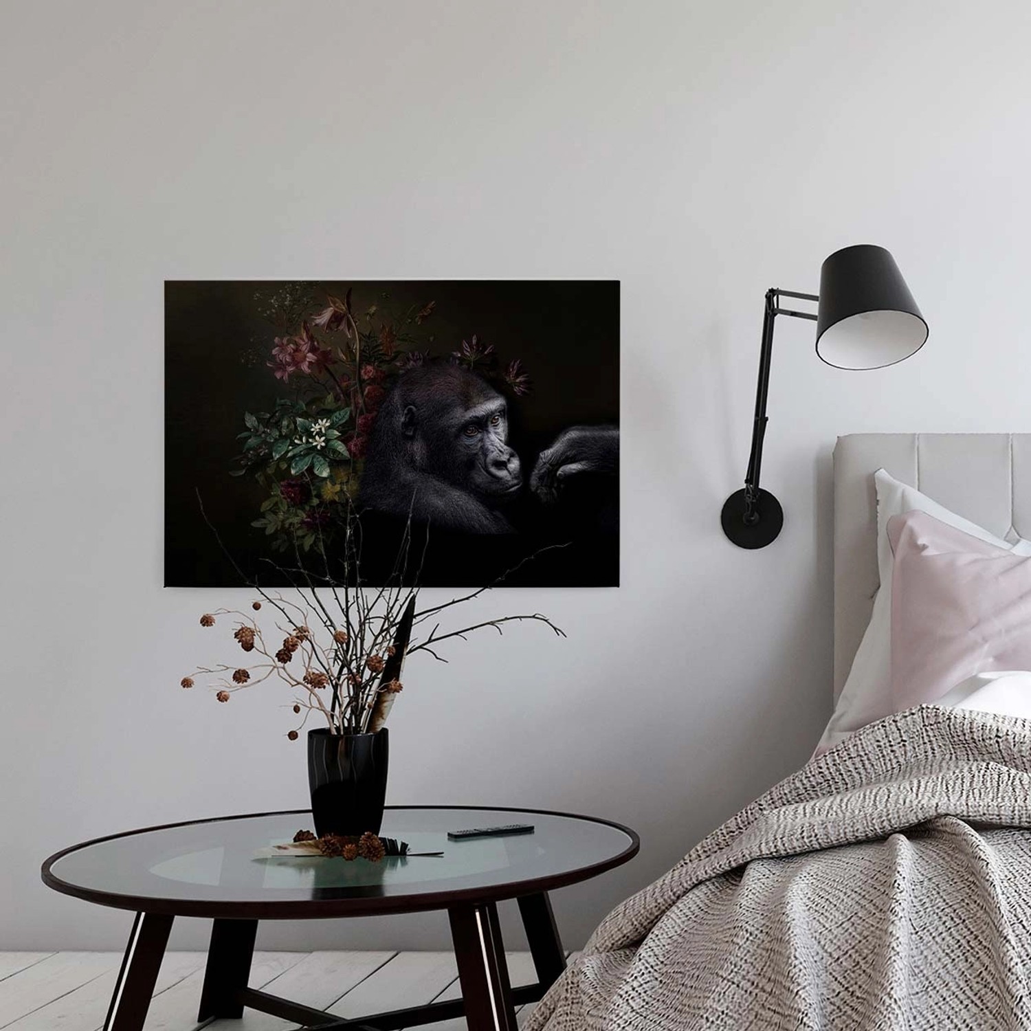 Bricoflor Leinwand Bild Mit Gorilla Und Blumen Stillleben Wandbild In Schwarz Ideal Für Wohn Und Schlafzimmer Tier Bild Auf Leinwand Im Querformat