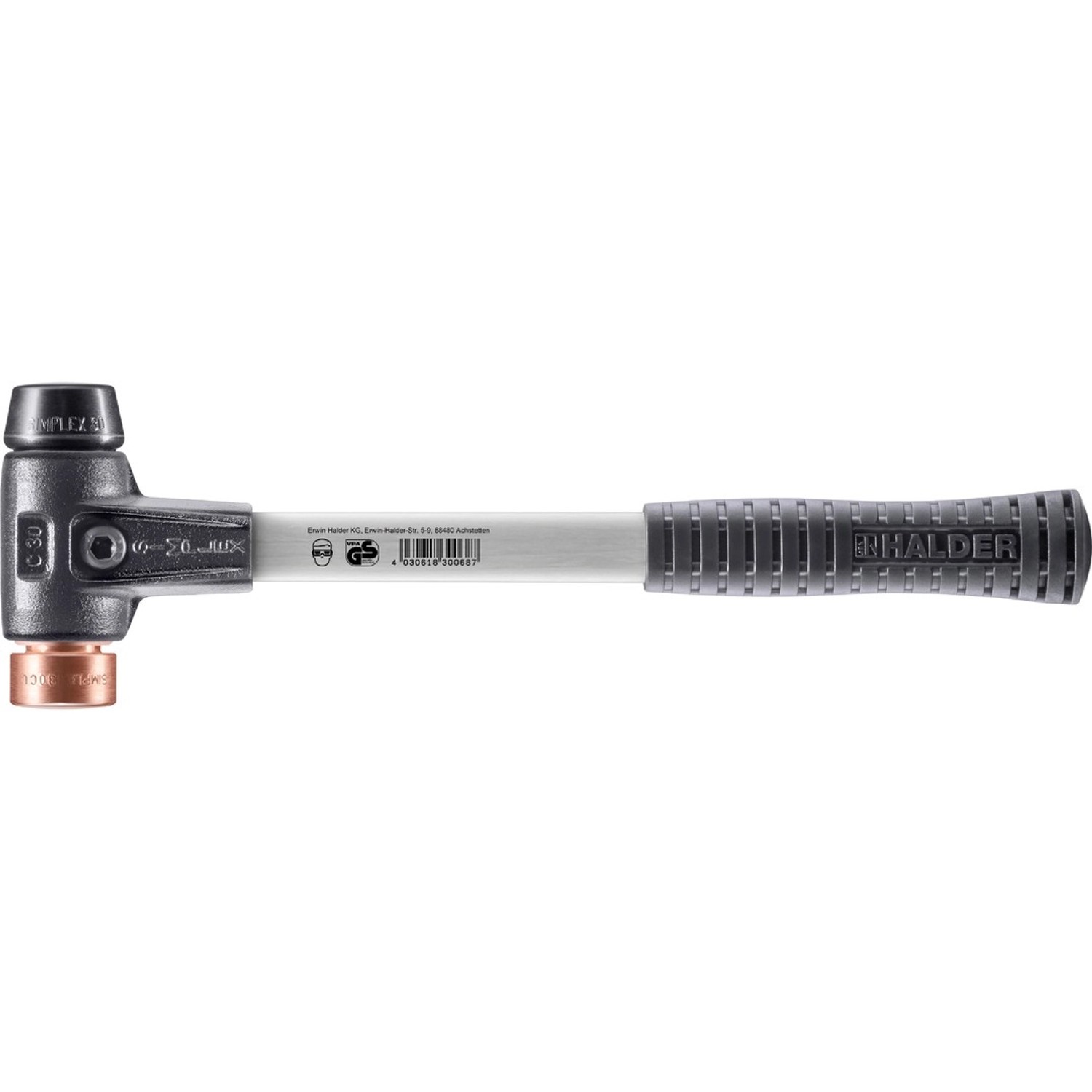 Halder Simplex Schonhammer Ø 30 mm Gummi Schwarz Kupfer mit Verstärktem Tempergussgehäuse und FiberglasStiel