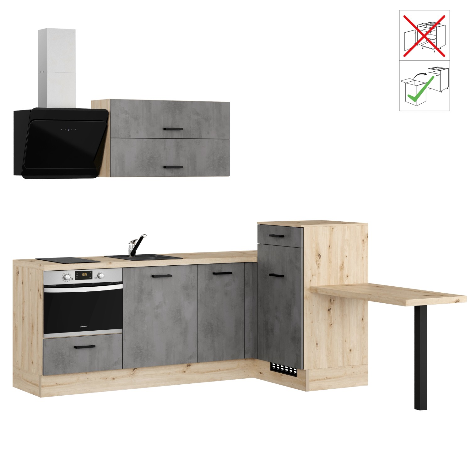 Impuls Küchen Einbauküche IKZ1350H9 225 x 241 cm Beton-Optik mit E-Geräten