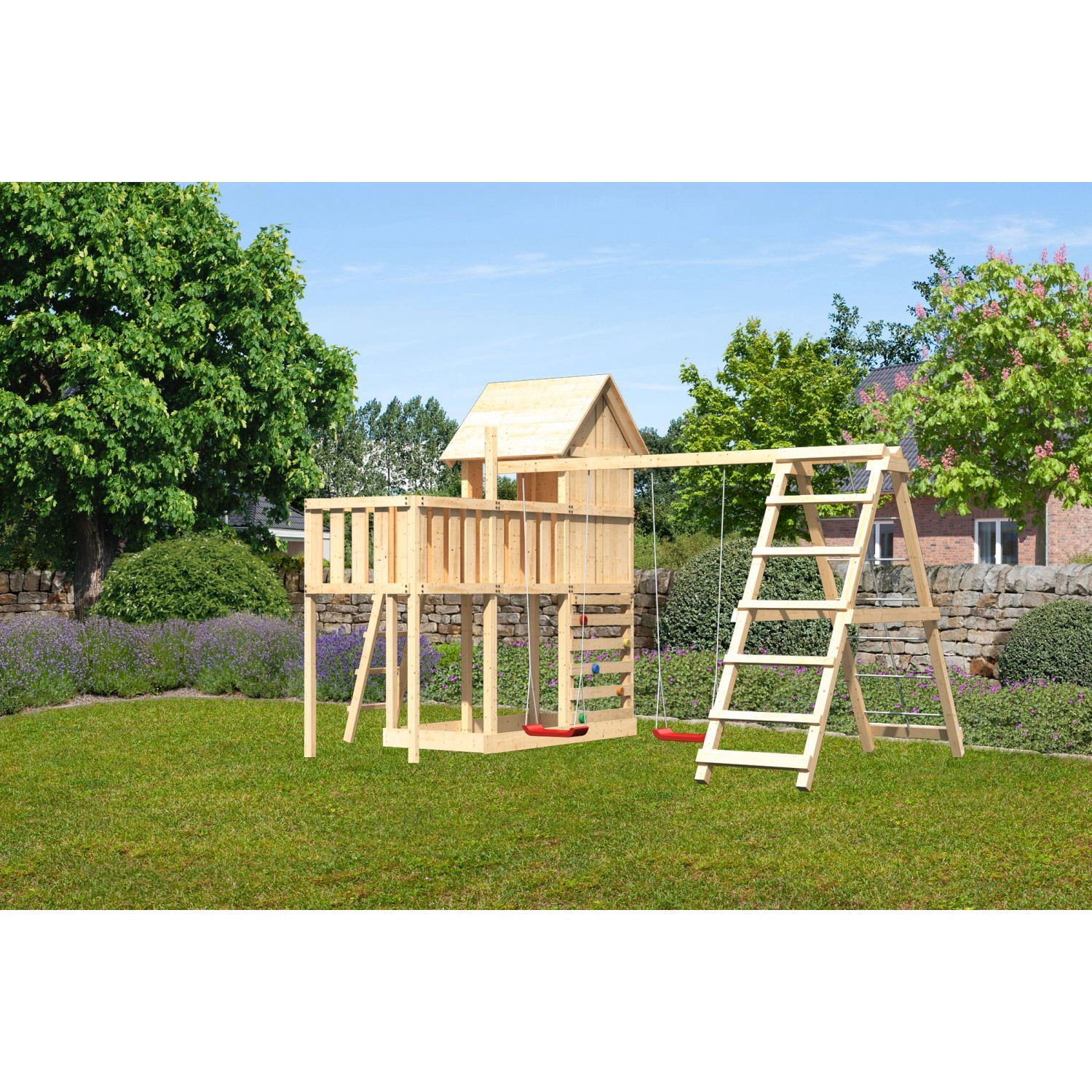 Karibu Stelzenhaus Frieda Doppelschaukel Kletterg. Plattform Kletterwand