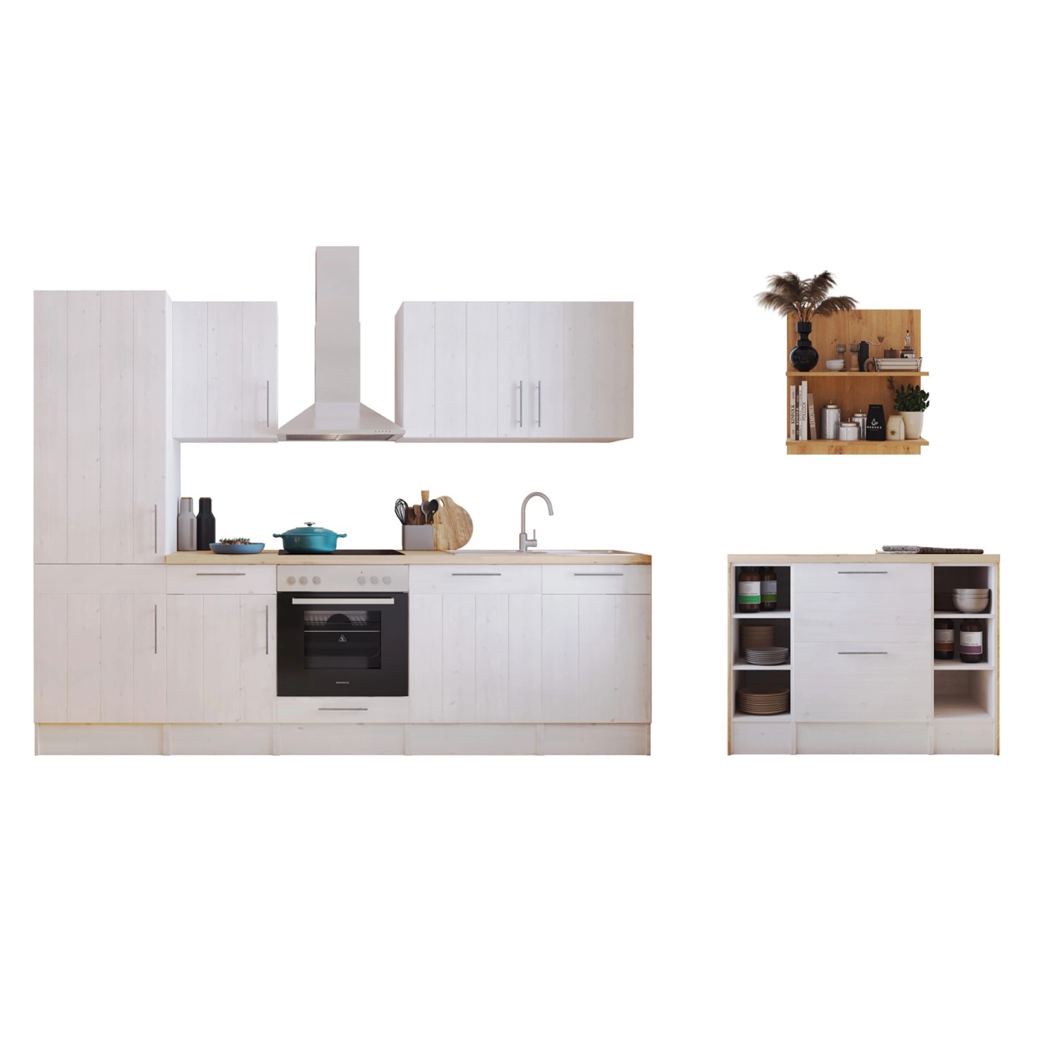 Respekta Landhaus Küchenzeile Anton 280 cm mit Kücheninsel Lärche Weiß