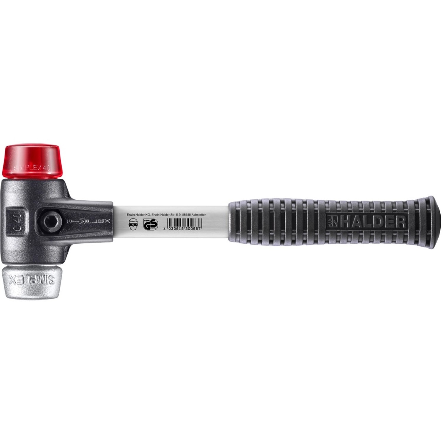 Halder Simplex Schonhammer Ø 40 mm Plastik Rot Weichmetall mit Verstärktem Tempergussgehäuse und FiberglasStiel