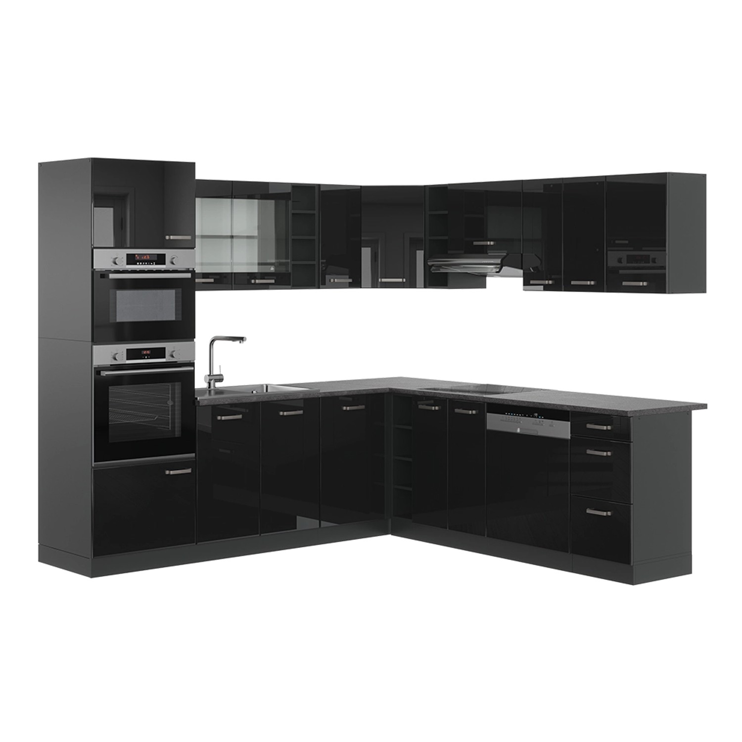 Vicco R-Line Einbauküche Schwarz Hochglanz/Anthrazit 237 x 60 cm ohne Arbeitsplatte