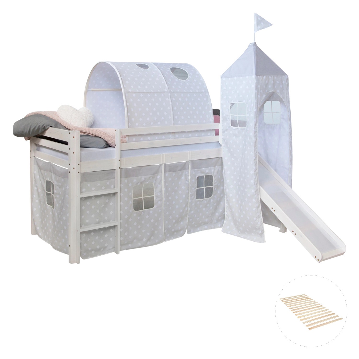 Homestyle4u Hochbett 90x200 Weiß mit Lattenrost und Rutsche Tunnel 2770