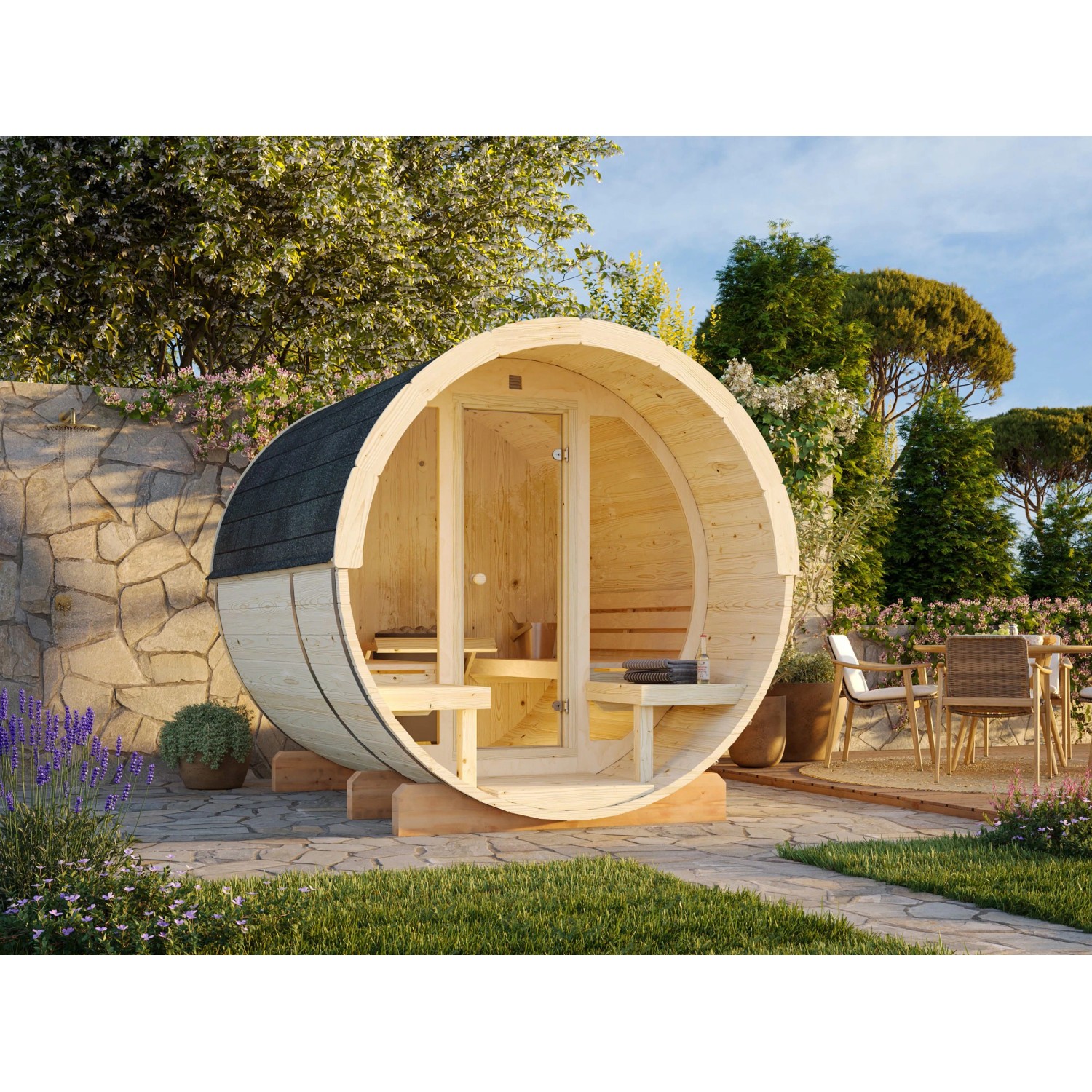 Palmako Sauna Anita mit Glaswand Naturbelassen 220 cm x 250 cm