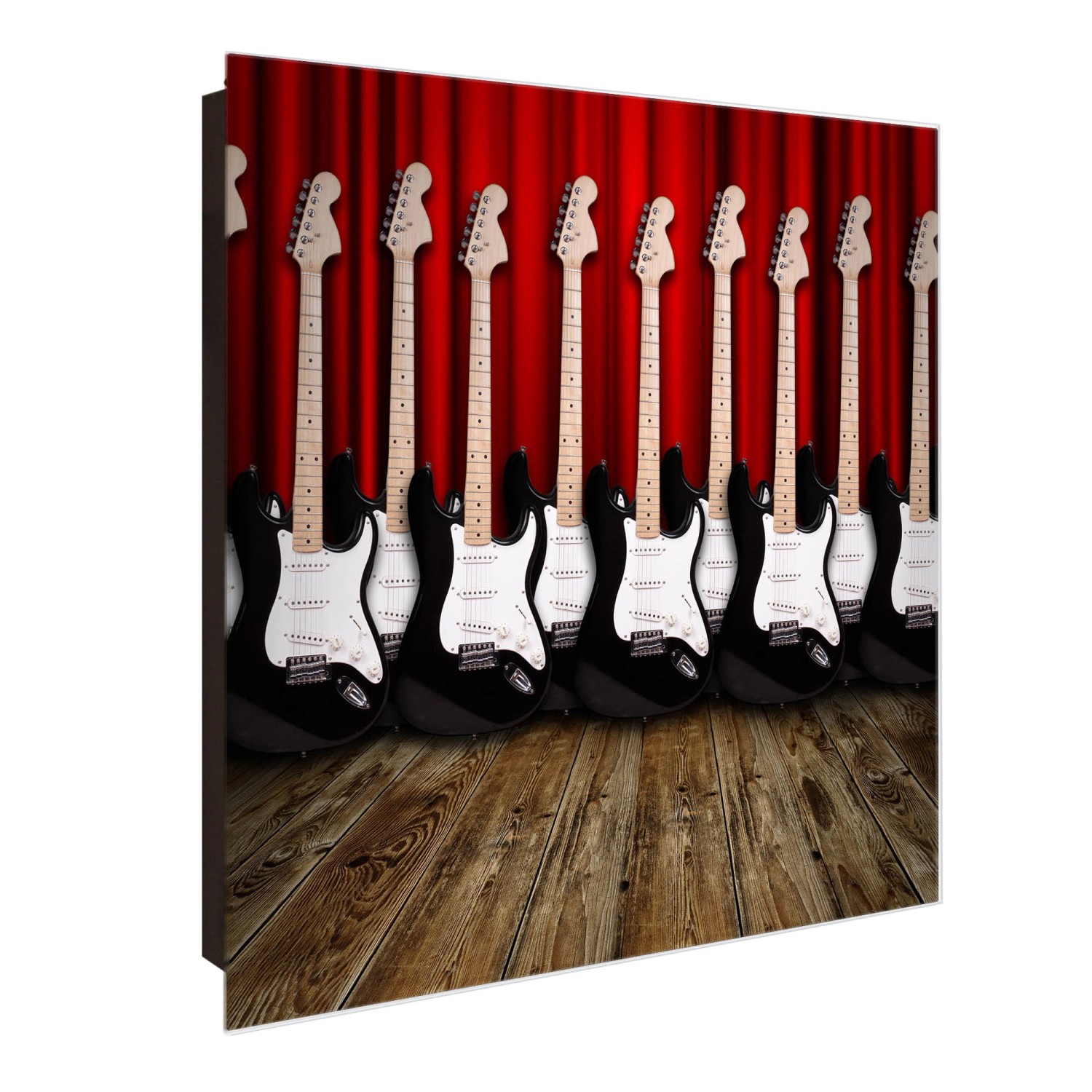 Banjado Großer Schlüsselkasten Glas 30x30cm Schwarz Scharnier Links 50 Haken Beschreibbar Magnetisch Motiv E-Gitarren