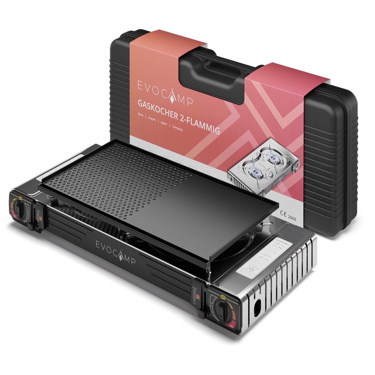 Evocamp Camping Gaskocher 2-Flammig mit Piezozündung und Grillaufsatz 45 cm