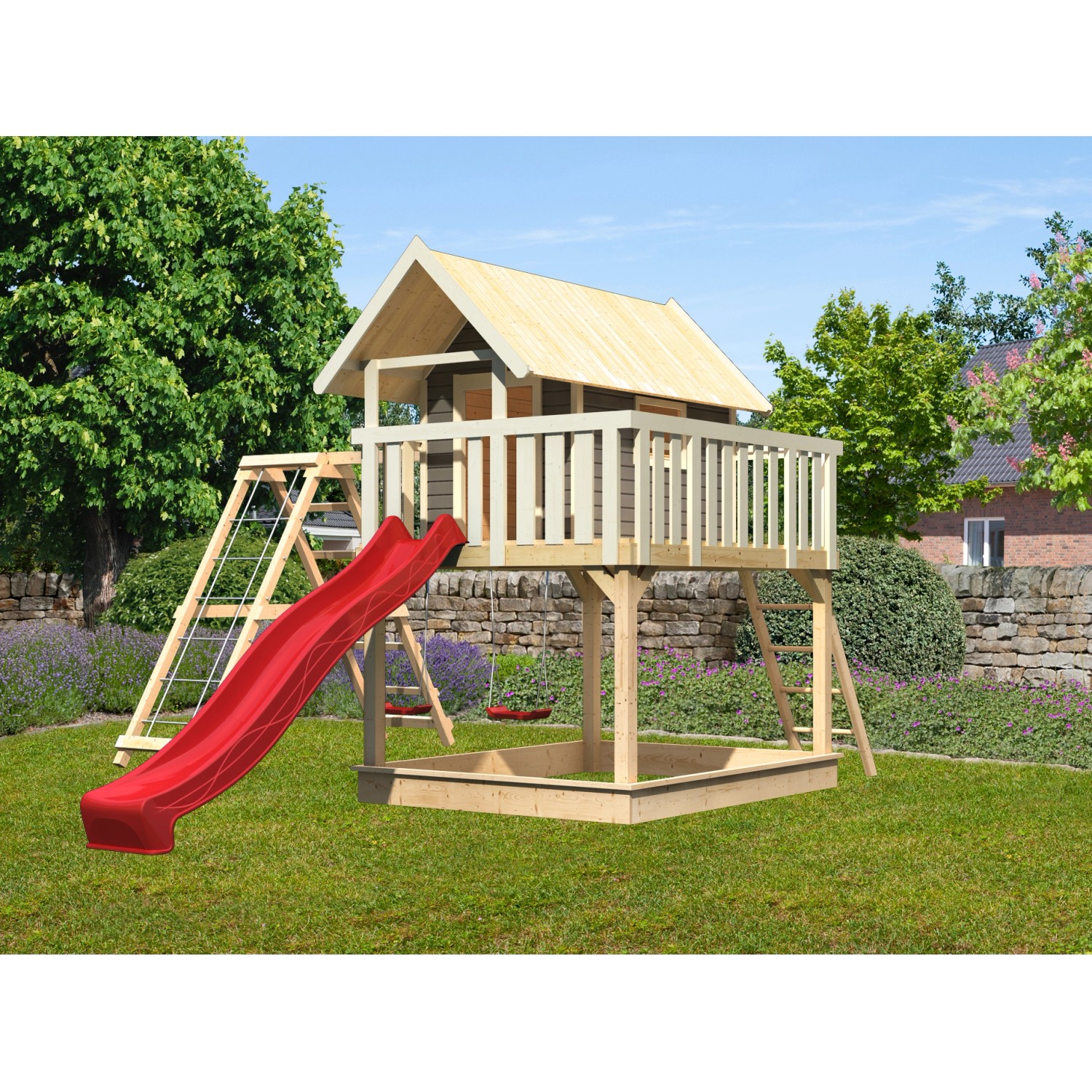 Karibu Stelzenhaus Fidel Terragrau Schaukel Klettergerüst Netzrampe Rutsche Rot