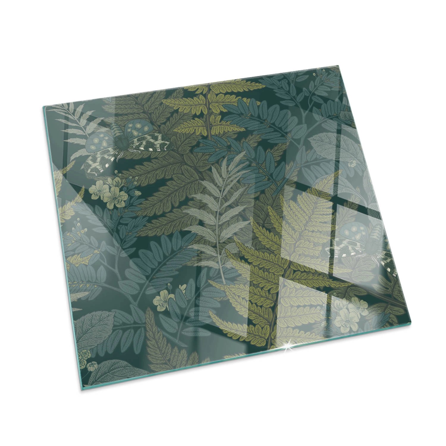 Tulup Glasplatte für Kamin Pflanzenmotive mit Schmetterlingen Kaminofen Glas Bodenplatte Quadrat 60x60 cm Grün Glasplatte für Kamin Glas unter Kamin