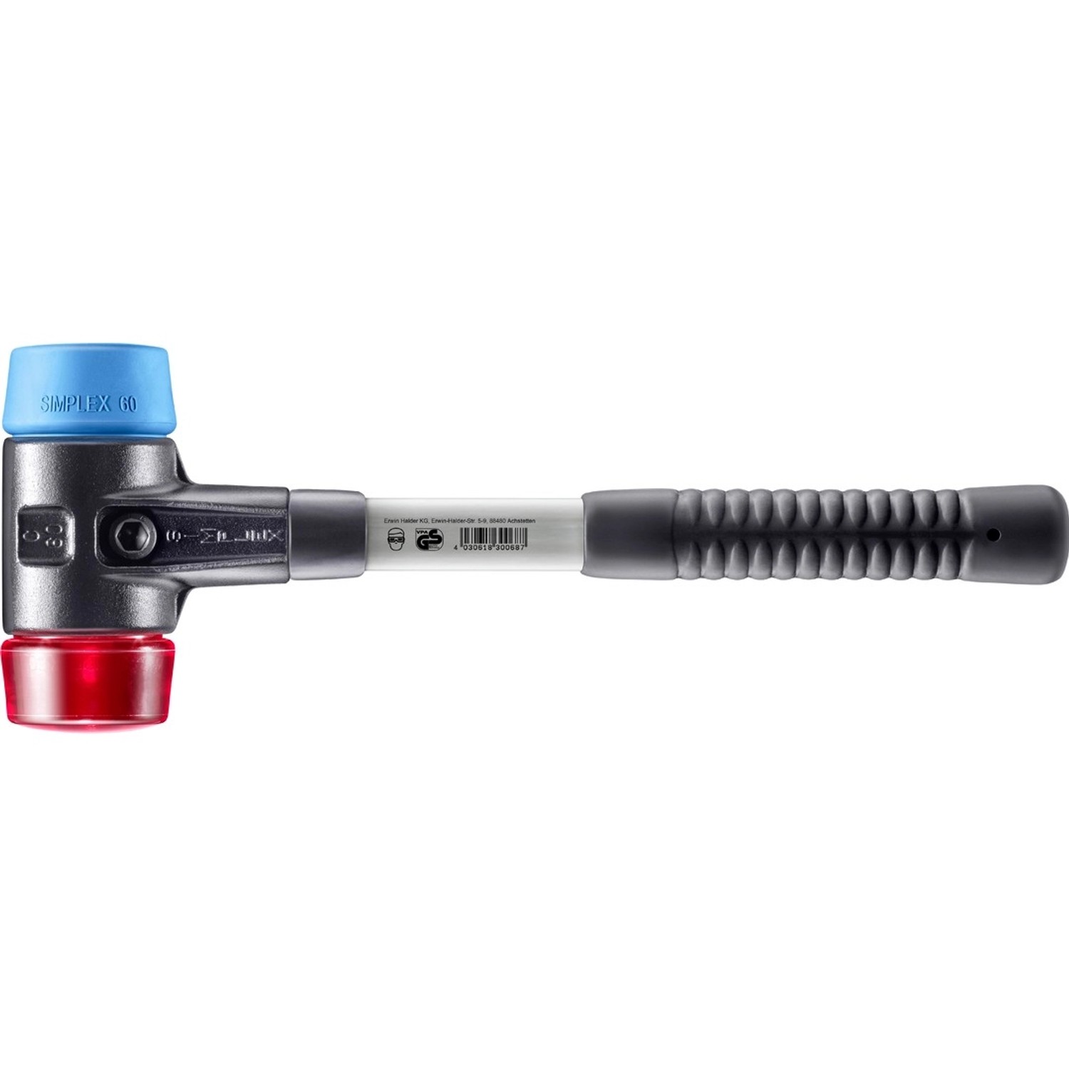 Halder Simplex Schonhammer Ø 60 mm TPE-soft Blau Plastik Rot mit Verstärktem Tempergussgehäuse und FiberglasStiel