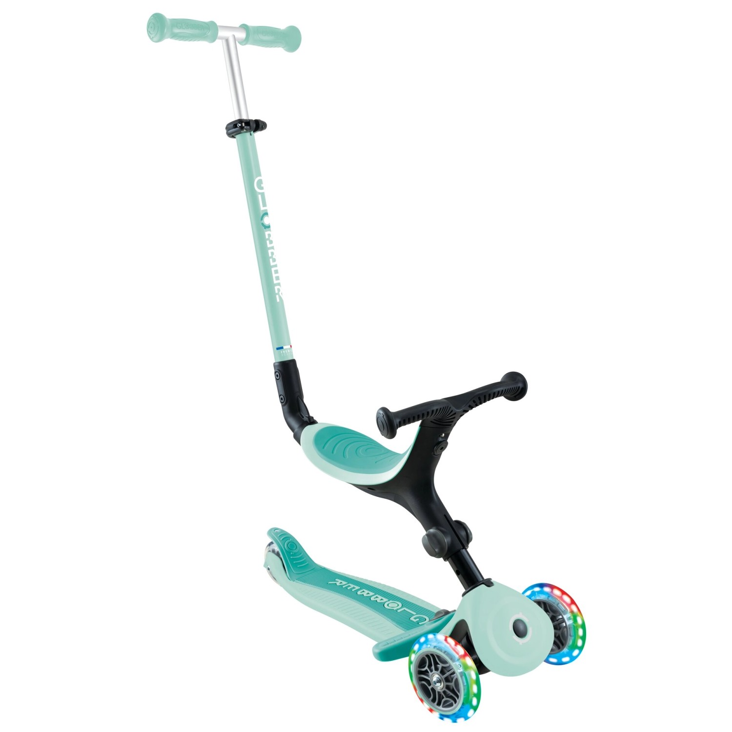 Globber Go-Up Active Lights 3 in 1 Dreirad Laufrad und Scooter 120/80 mm 3-Rädrig Höhenverstellbar Mint