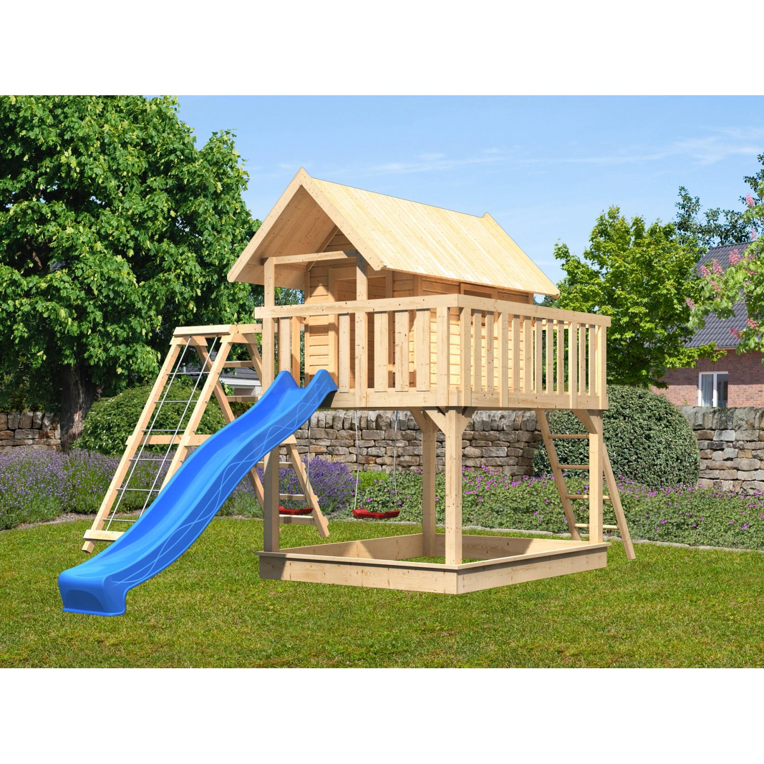 Karibu Stelzenhaus Fidel Natur Doppelschaukel Netzrampe Rutsche Blau