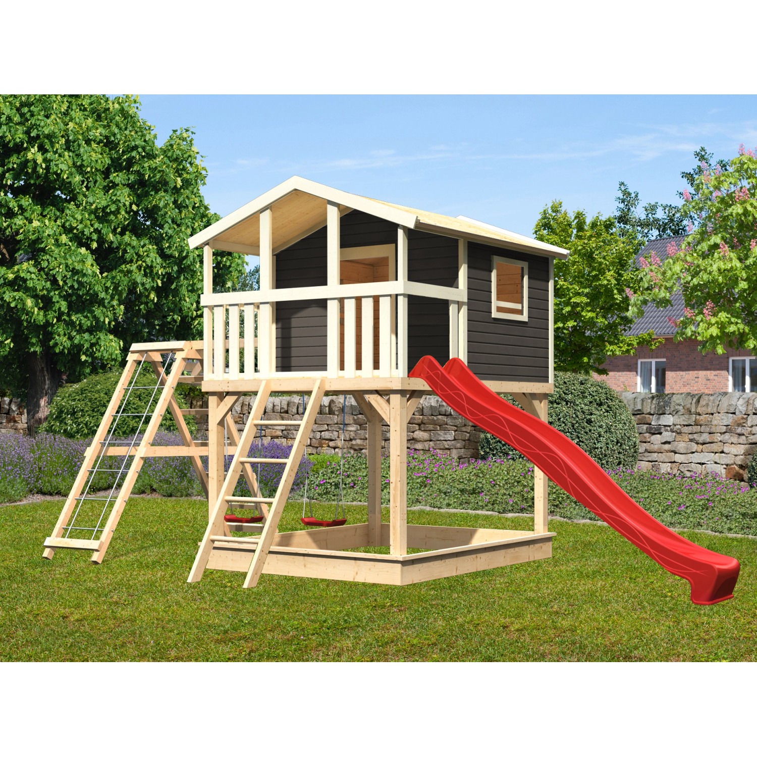 Karibu Stelzenhaus Benjamin Terragrau Schaukel Kletterger Netzrampe Rutsche Rot