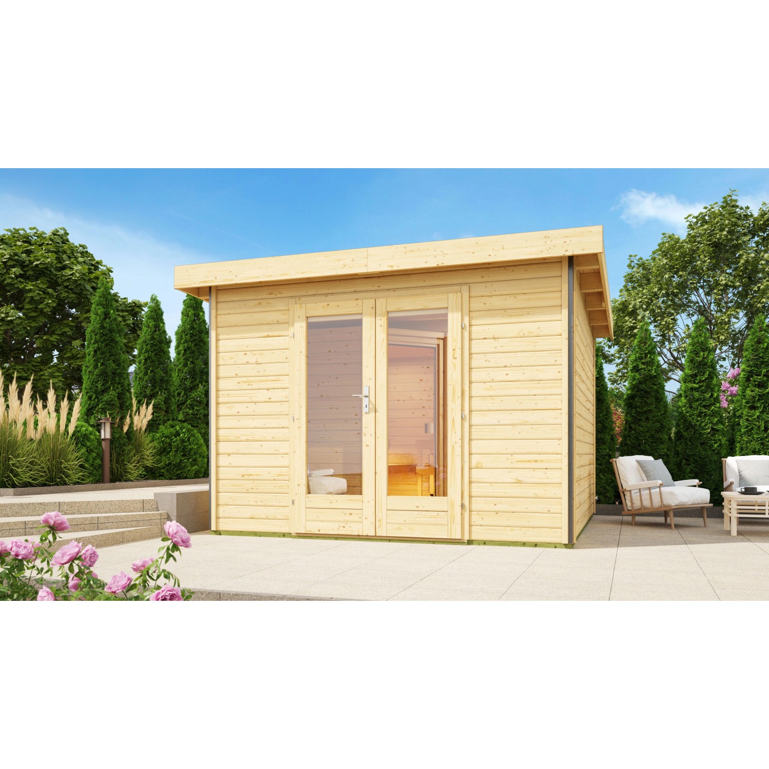 Karibu Saunahaus Magnus 1 Set A Natur mit Ofen 9 kW ext. Strg.