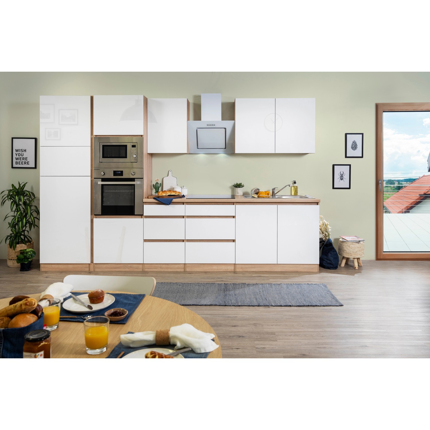 Respekta Premium Küchenzeile Grifflos 335 cm Weiß Hochglanz-Eiche Sägerau