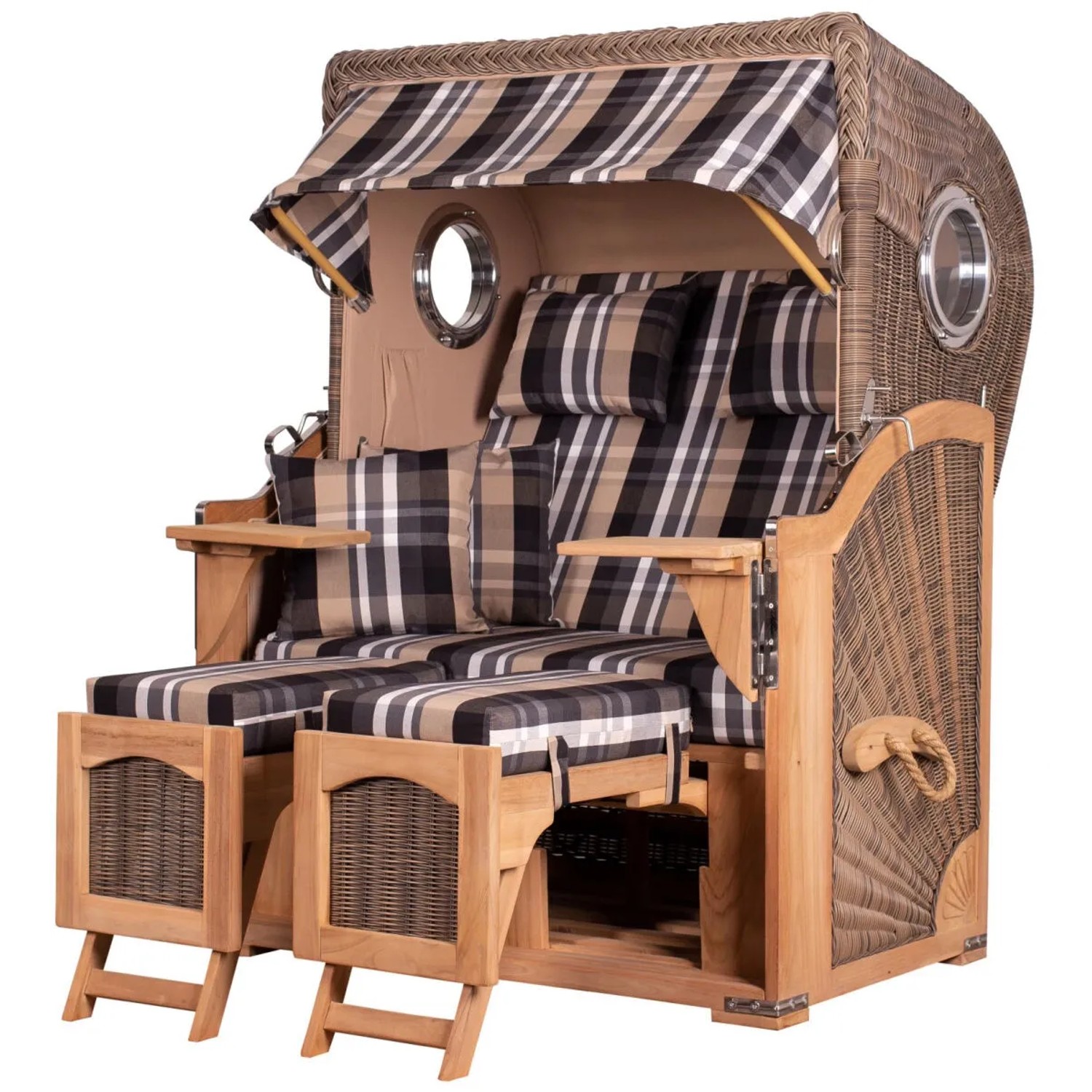 bene living Strandkorb Komplettset Ammersee Teak Bullauge PE Grau Modell 583