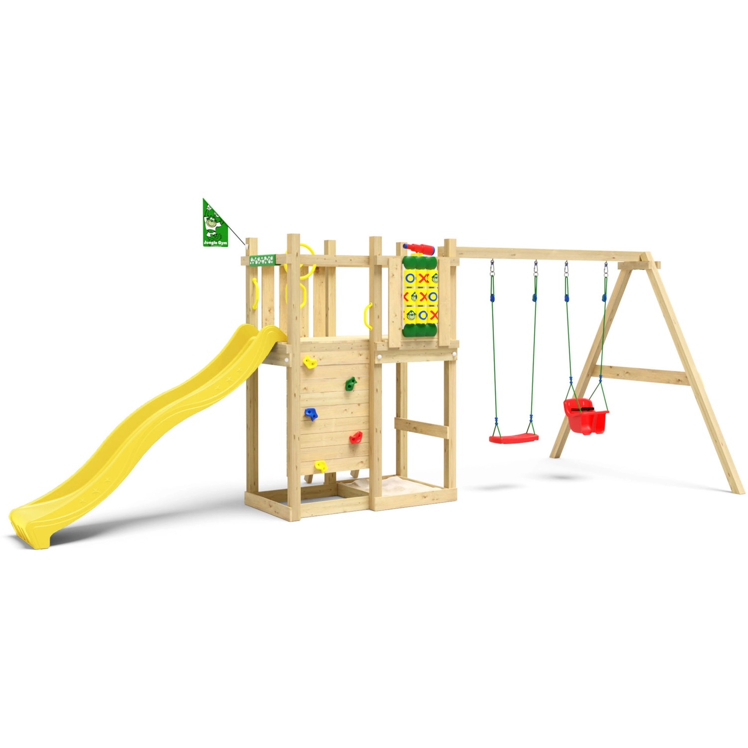 Jungle Gym Spielturm Ledge Holz mit Doppelschaukel Tic Tac Toe Rutsche Gelb