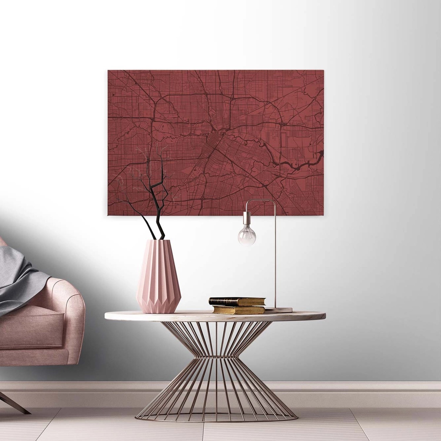 Bricoflor Stadtplan Bild Auf Leinwand In Dunkelrot Modernes Leinwand Bild Mit Stadtkarte Rotes Wandbild Für Schlafzimmer Und Wohnzimmer