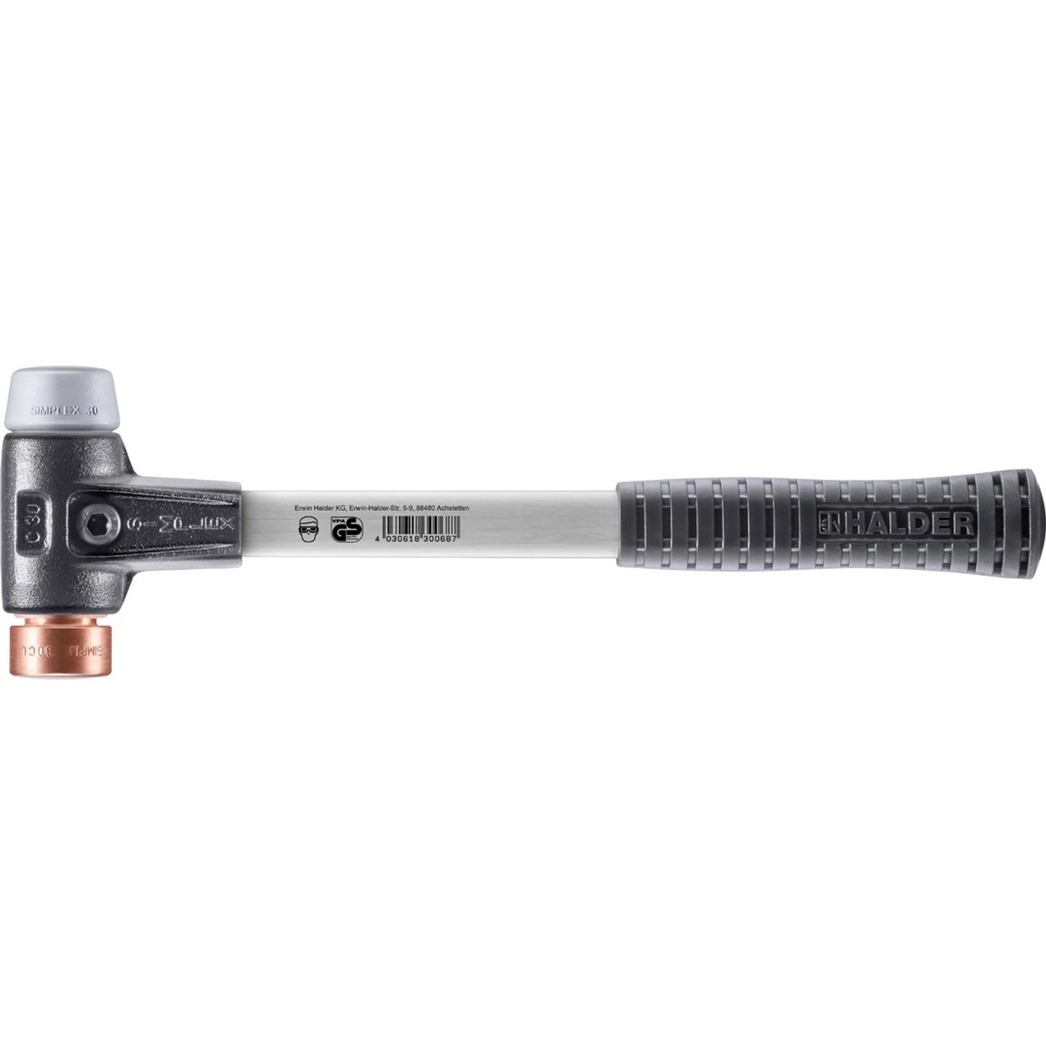 Halder Simplex Schonhammer Ø 30 mm TPE-mid Grau Kupfer mit Verstärktem Tempergussgehäuse und FiberglasStiel