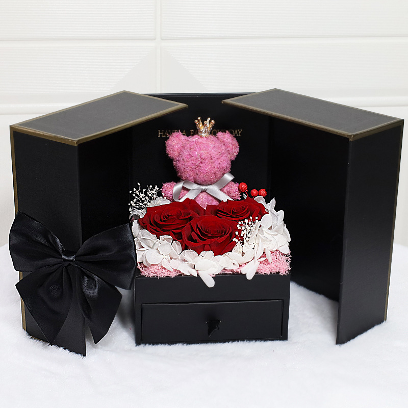 Festival Gifts Christmas Valentine's Day Bear Preserved Flower Gift Box Double Door Rose Necklace Jewelry Box Christmas Gift Lipstick Gift Box
