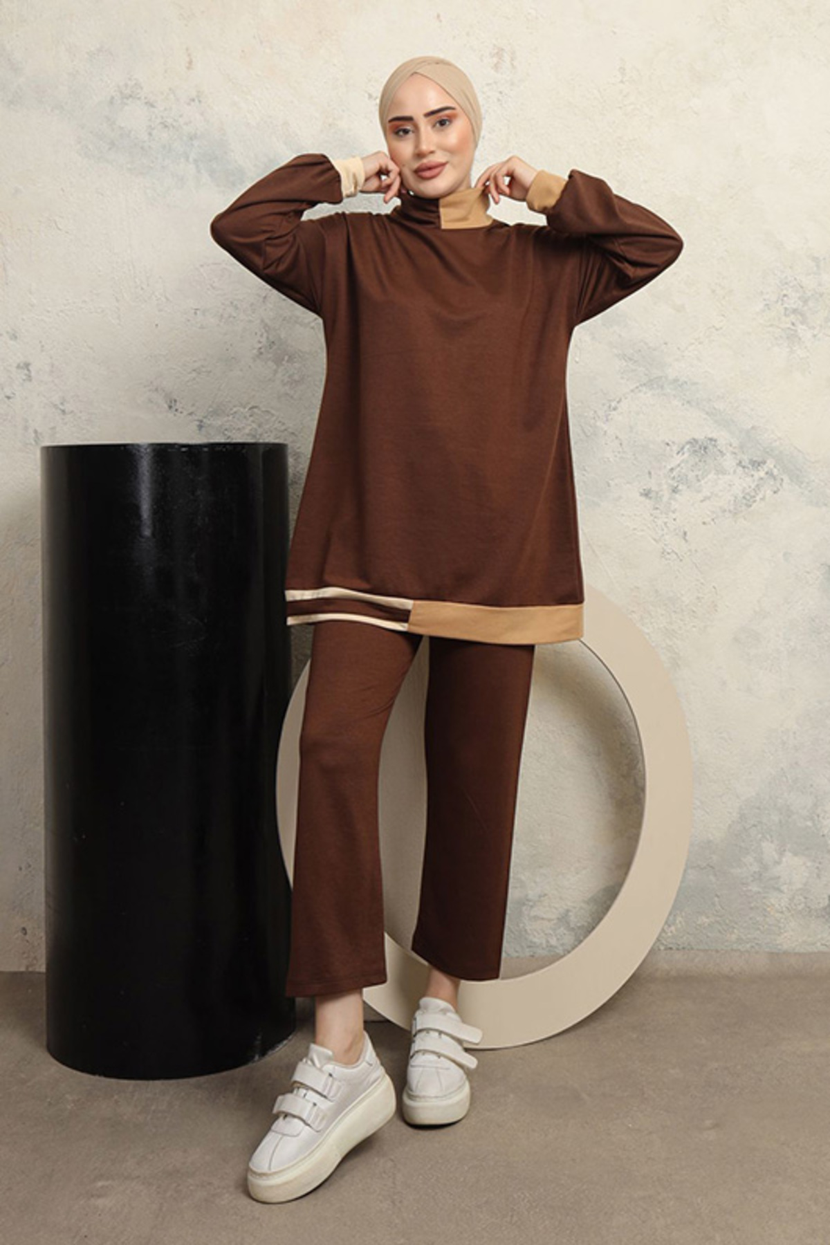 benguen 3402 Zweifädiger Hijab-anzug, Braun für Damen - XL