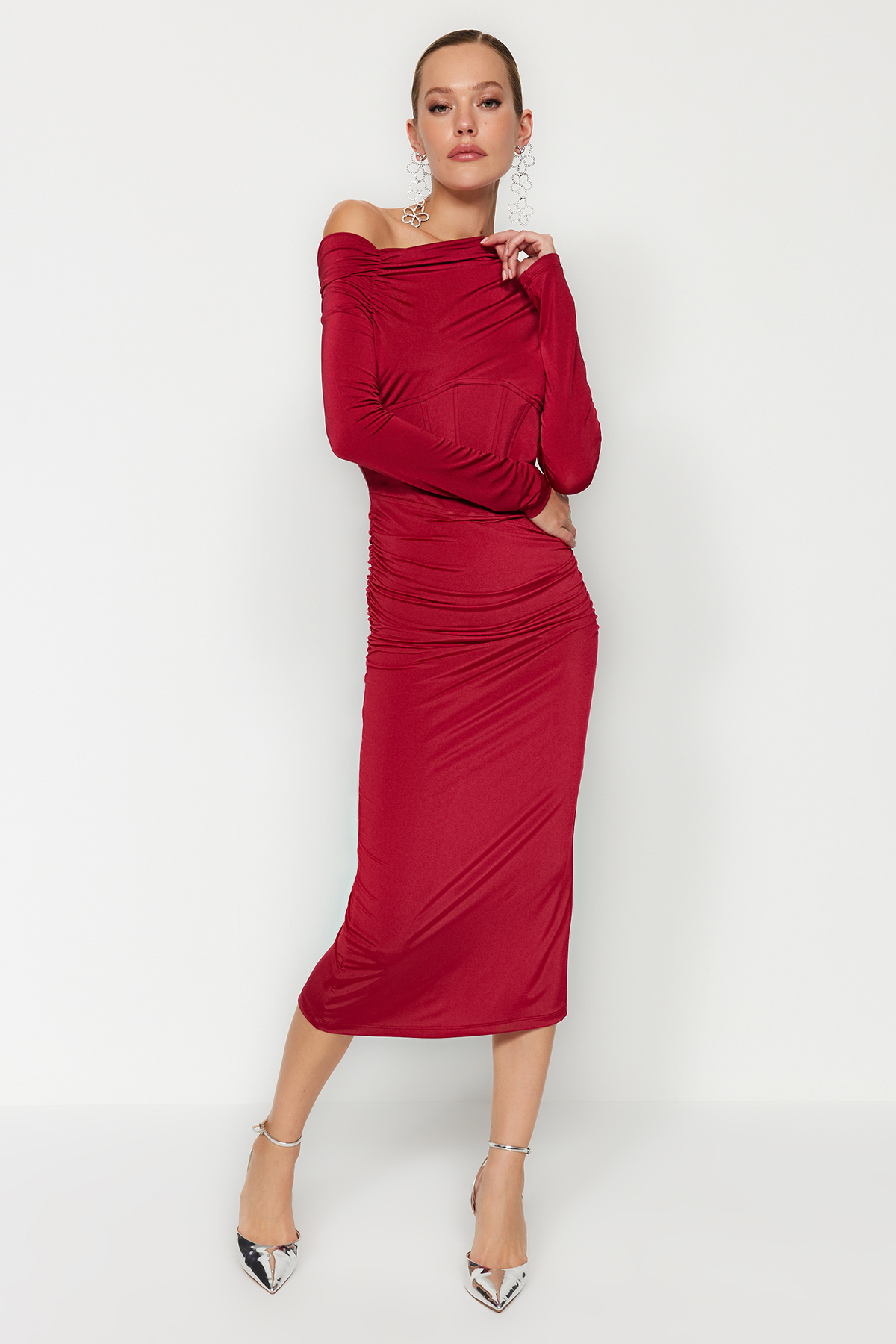 Trendyol Collection Burgunderfarbenes, Tailliertes, Gestricktes Korsett Mit Detailliertem, Elegantem Abendkleid für Damen - 42