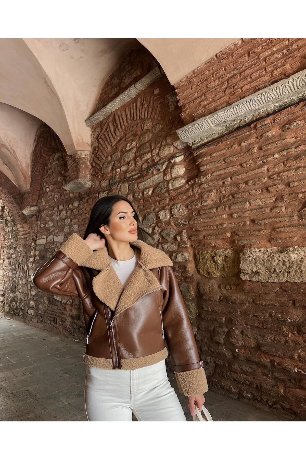 SONREİR Innen Glänzender, Plüsch-beschichteter Leder-crop-mantel für Damen - L